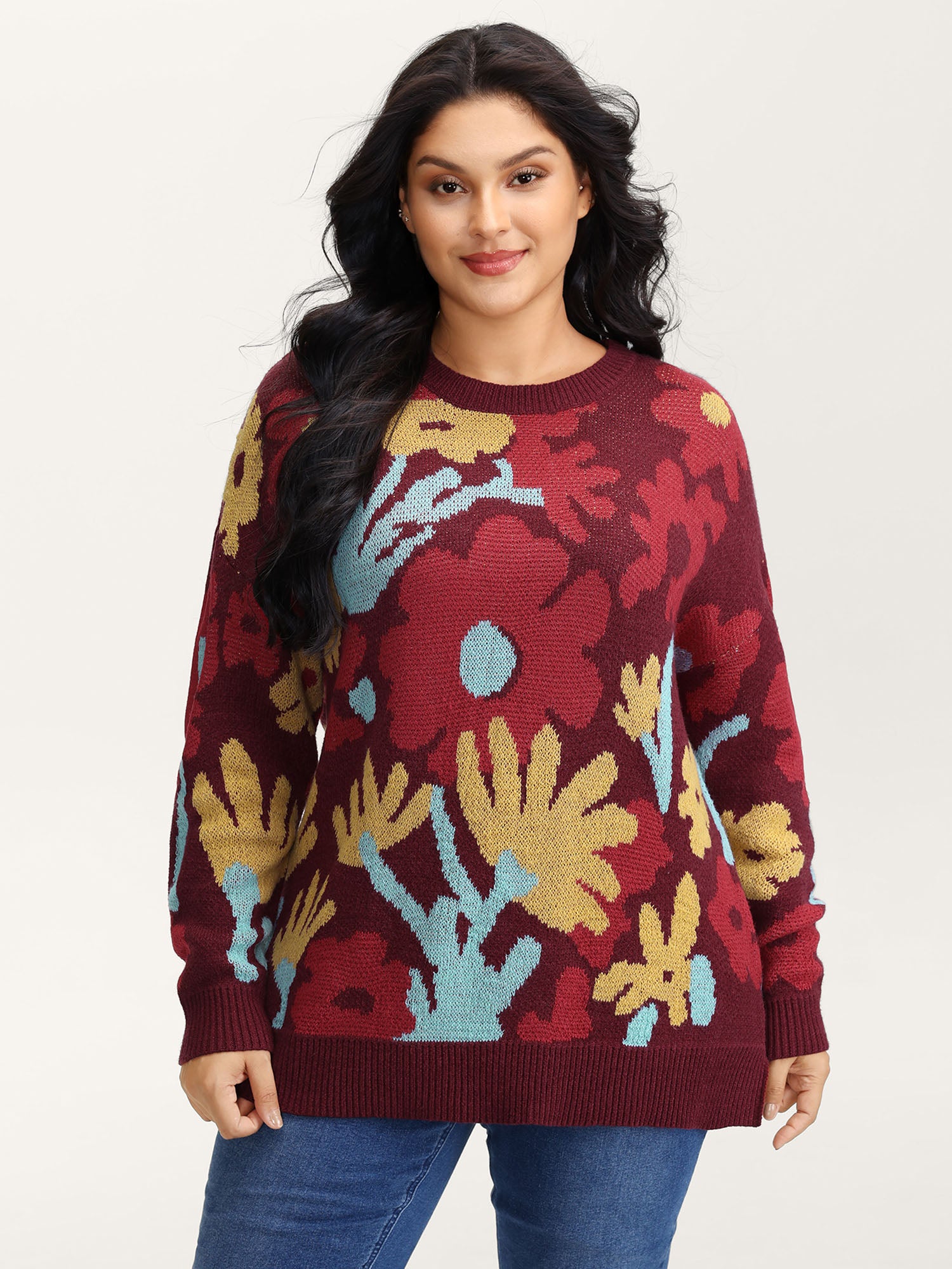 Colorful Floral Jacquard Ribbed Hem Pullover