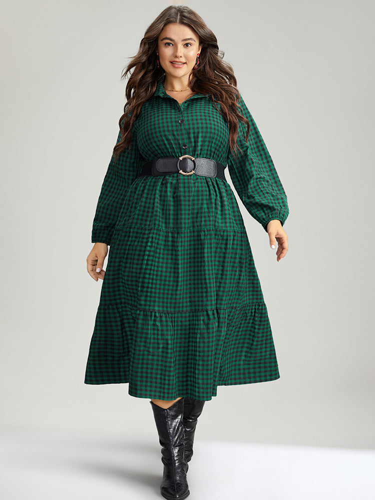 Gingham Pocket Button Up Elastic Waist Dress