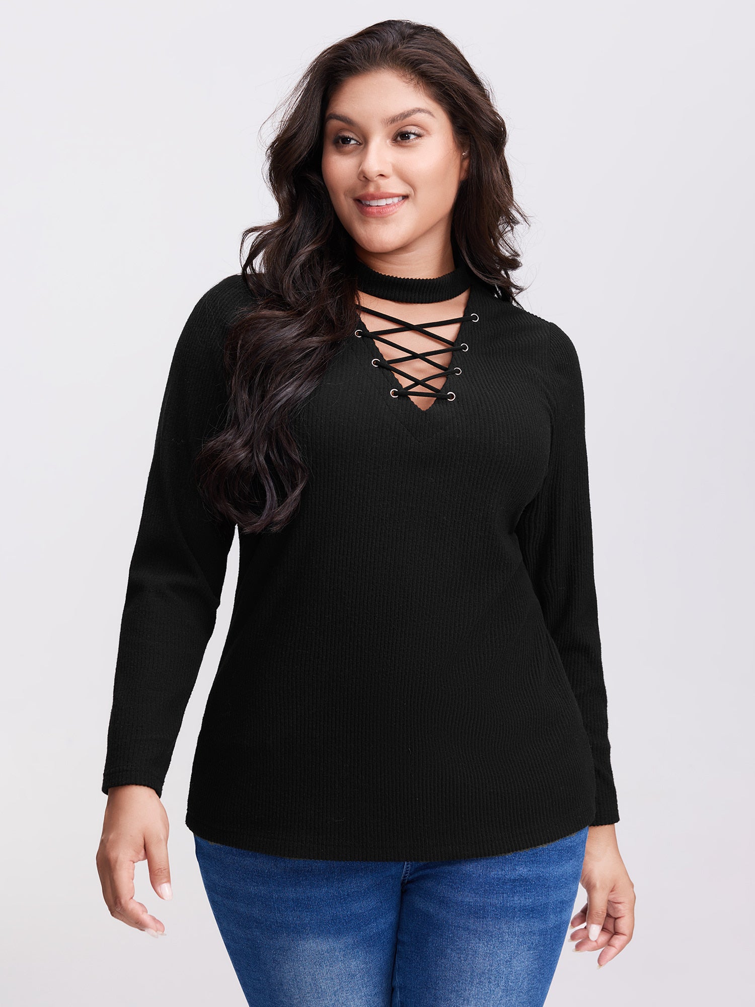 Cross-Lace Sheer Fitted Knit Top