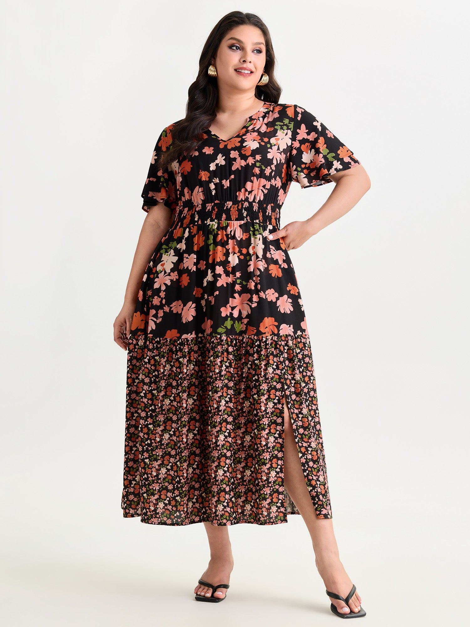 Floral Print Contrast Shirred Maxi Dress