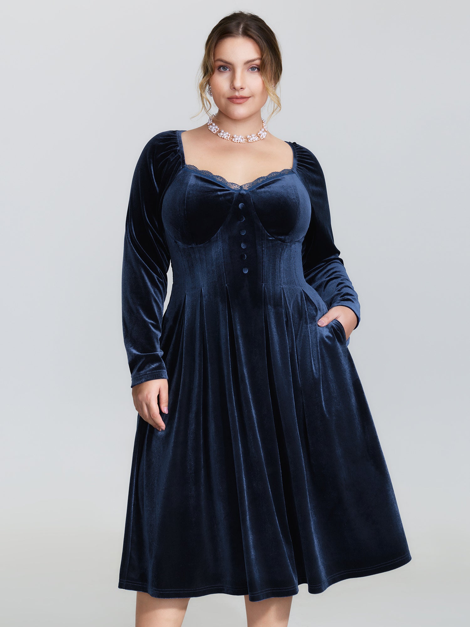 Velvet Lace Trim Stitch Shirred Midi Dress