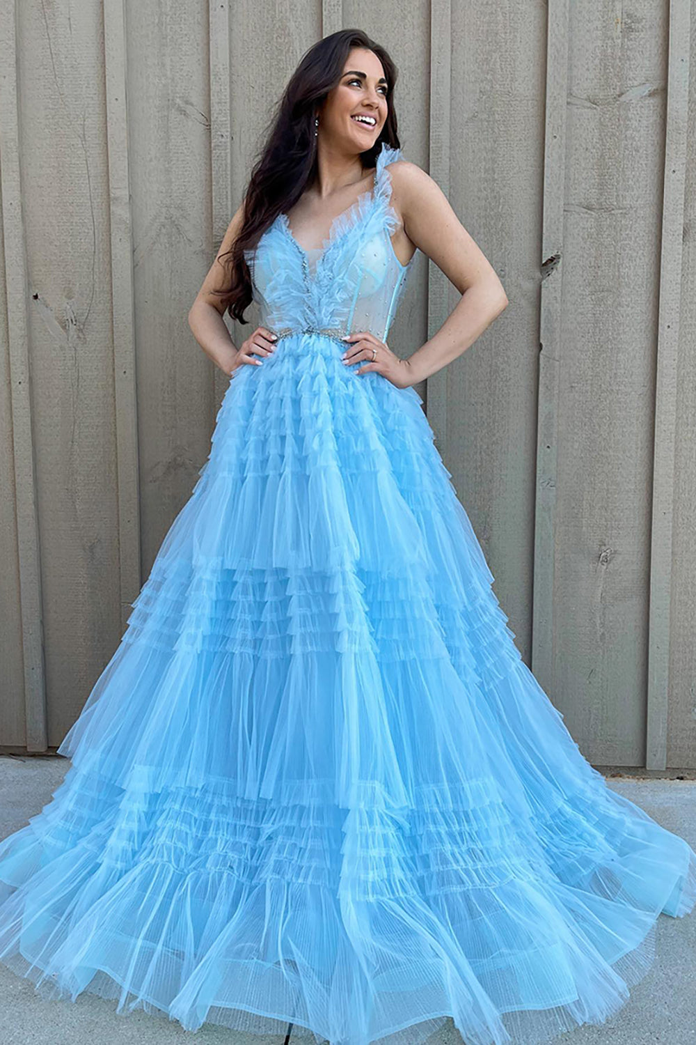 Princess Spaghetti Strap Corset Prom Dress in Light Blue with Tiered Tulle and Slit