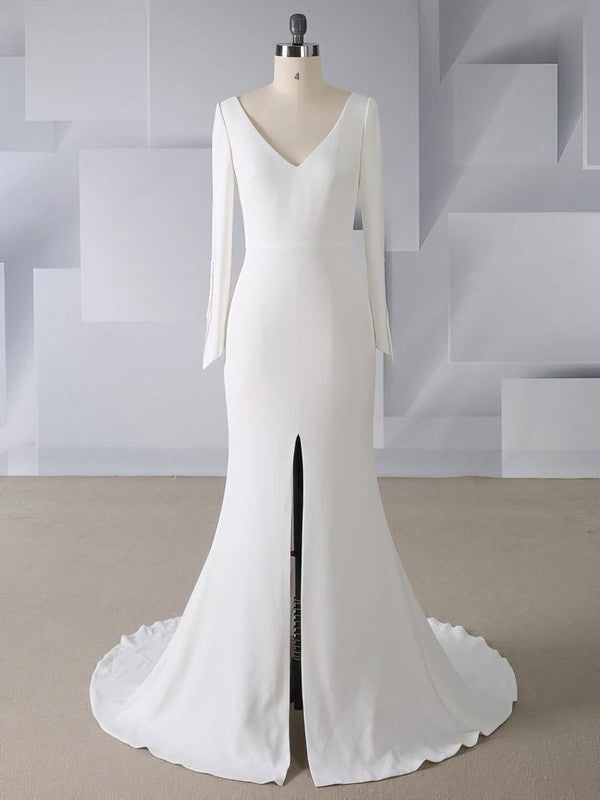 Elegant V-Neck Long Sleeves Stretch Satin Mermaid Wedding Dresses with Split