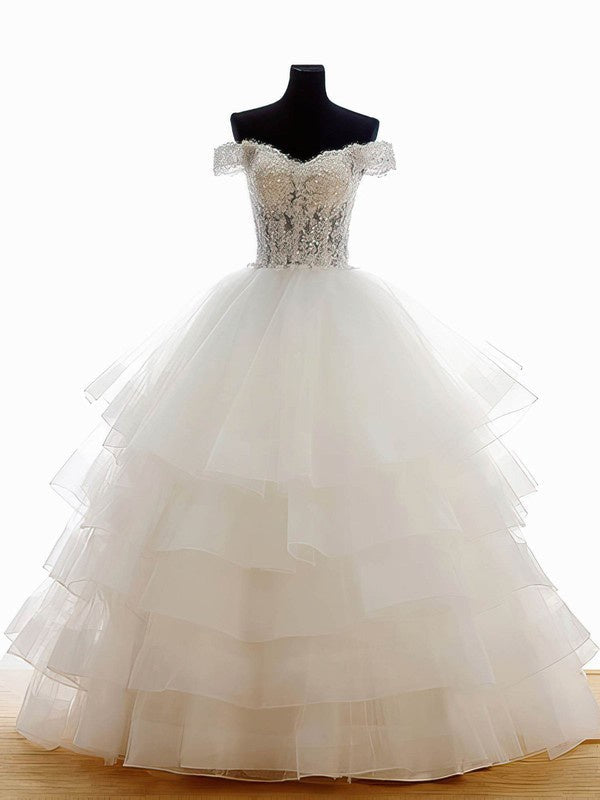Elegant Tiered Off-The-Shoulder Sweetheart Ball Gown Organza Wedding Dresses with Beads