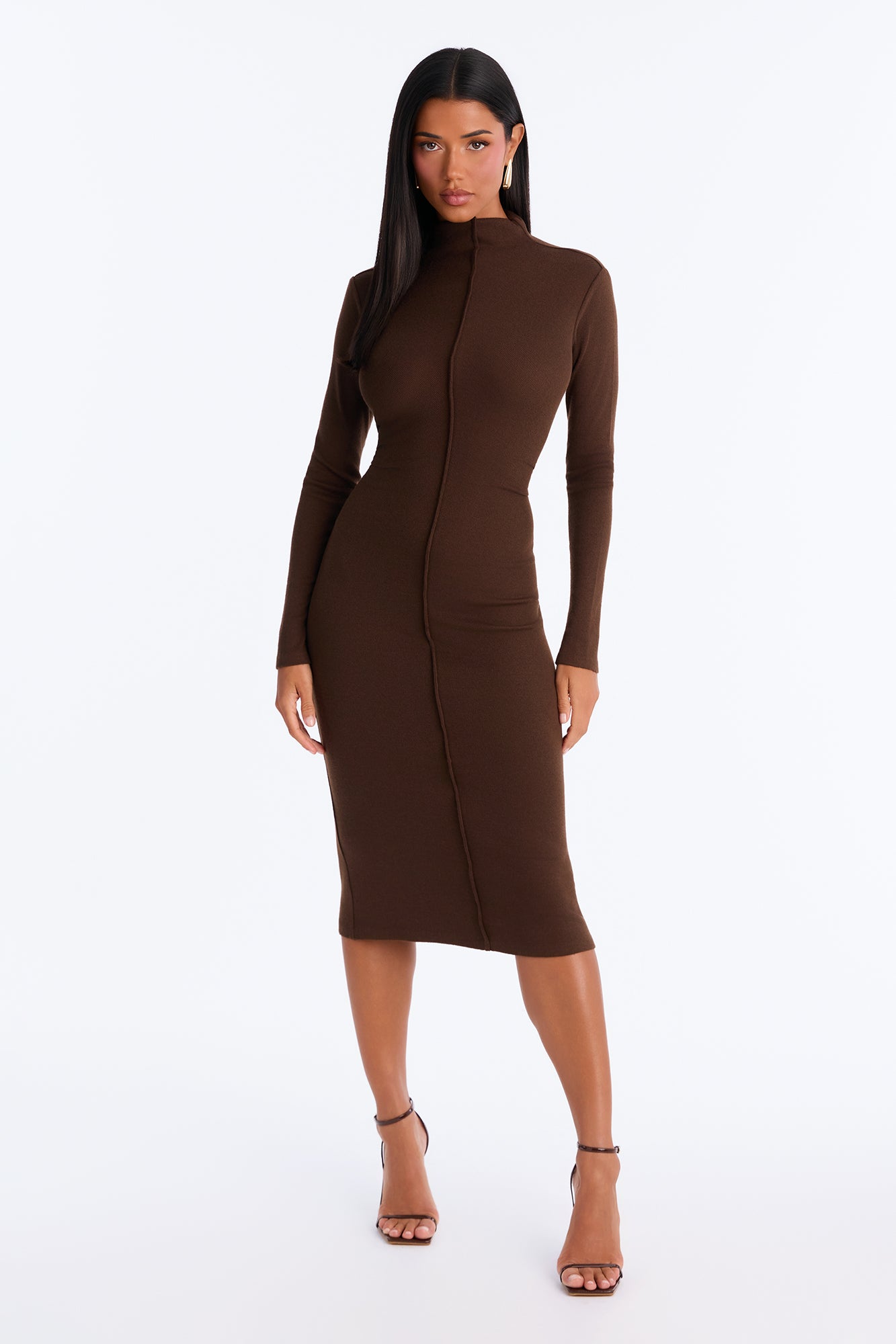 Switching Sides Ruched Sweater Midi Dress - Chocolate