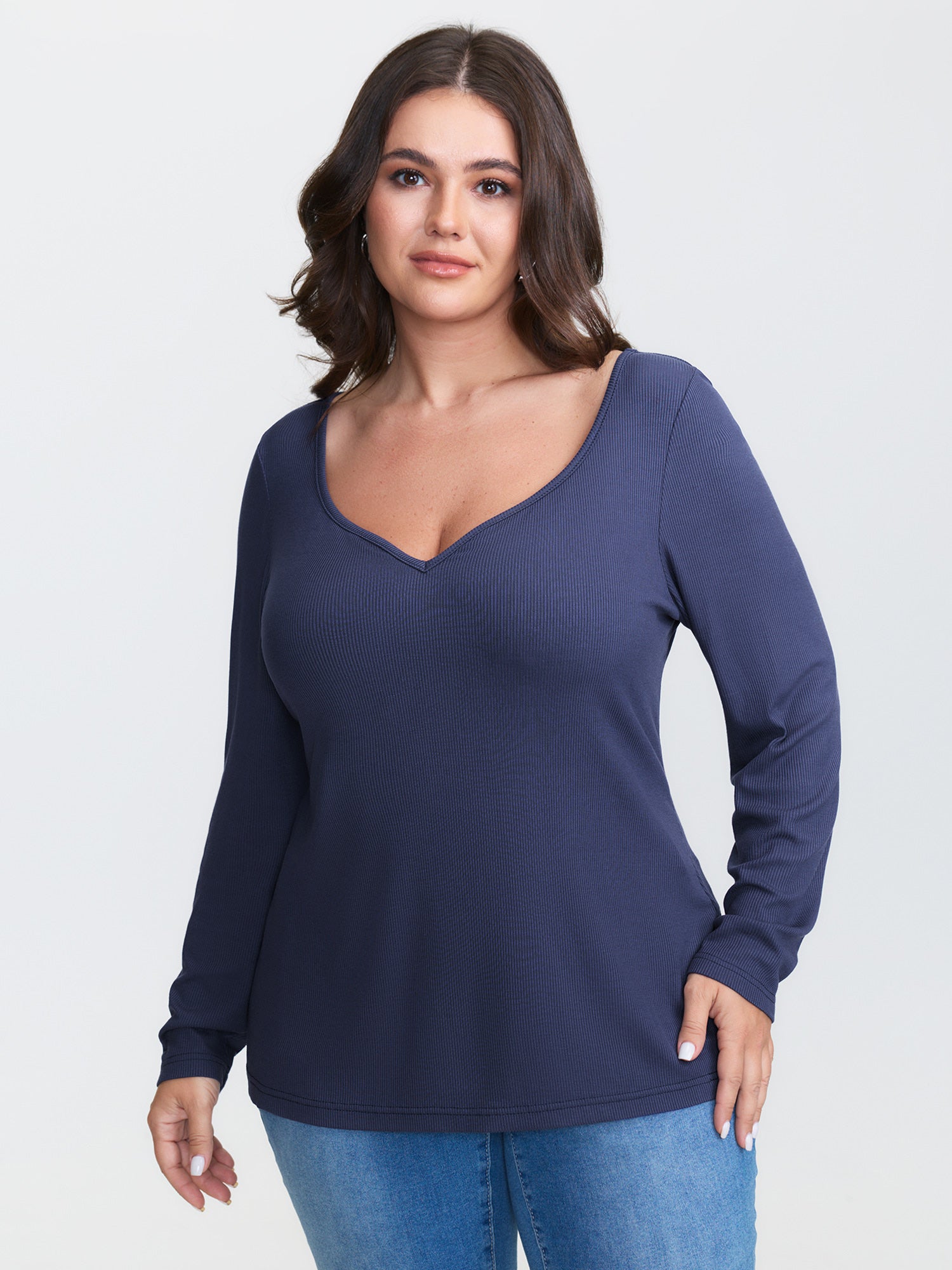 Deep Neckline Ribbed Fitted T-Shirt