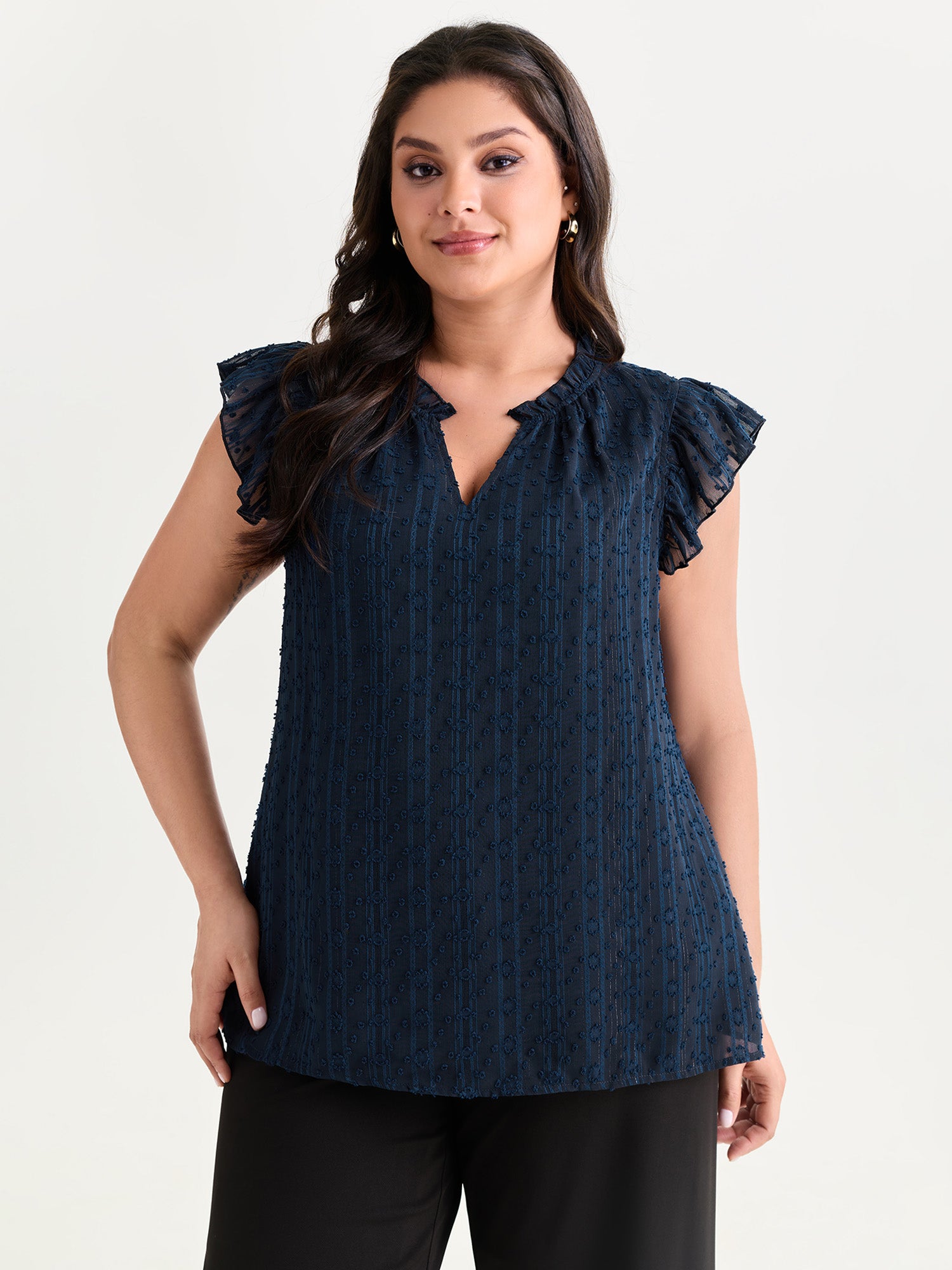 Textured Ruffled Notched Collar Blouse