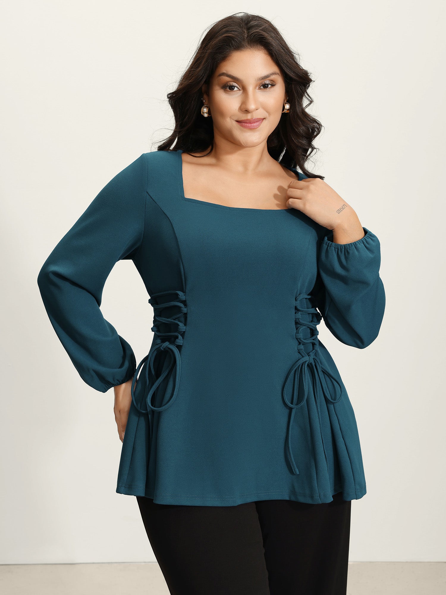 Cinched-Waist Cross-Tie Stretchy Blouse