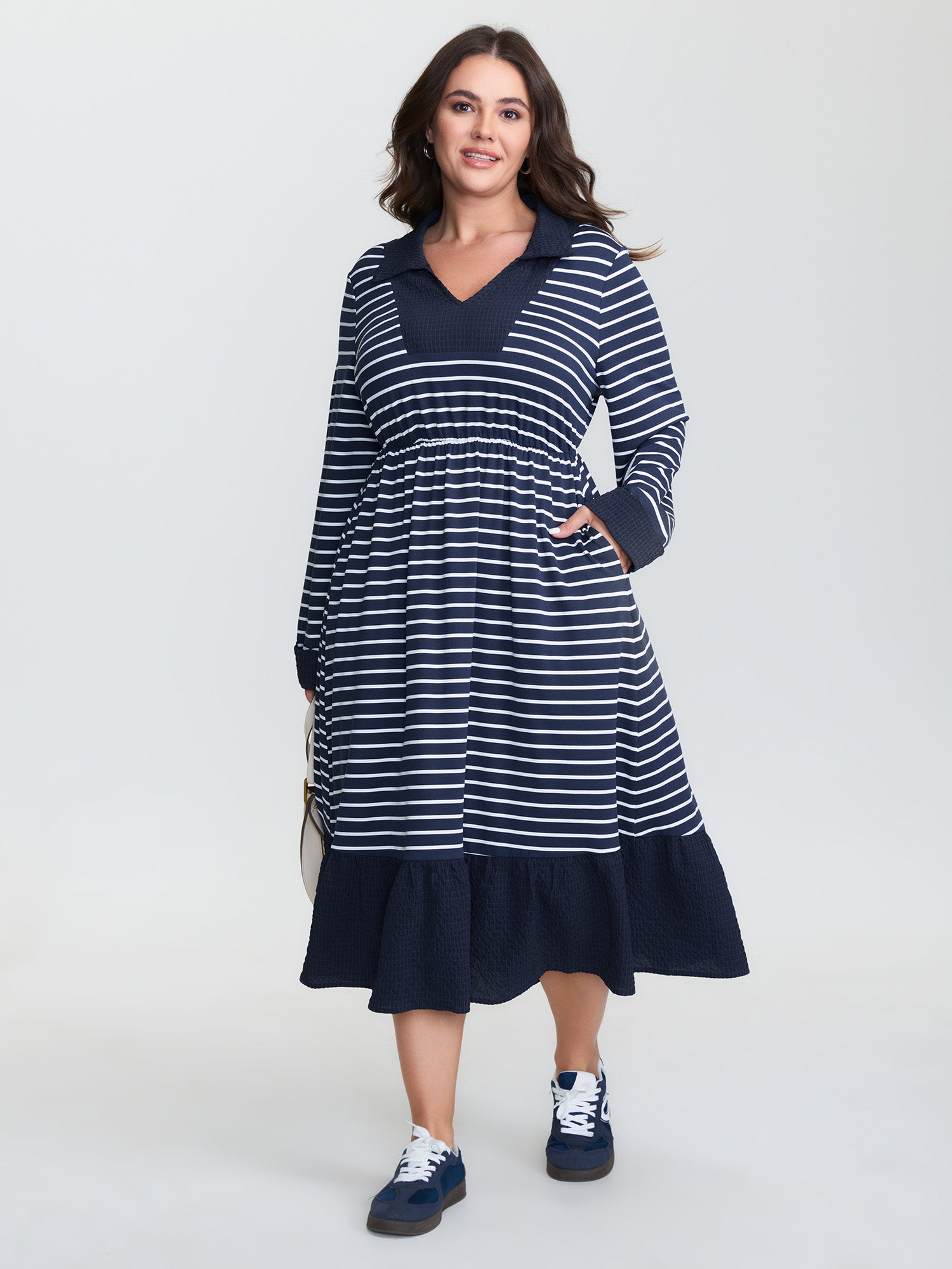 Striped Color Contrast Textured Midi Dress