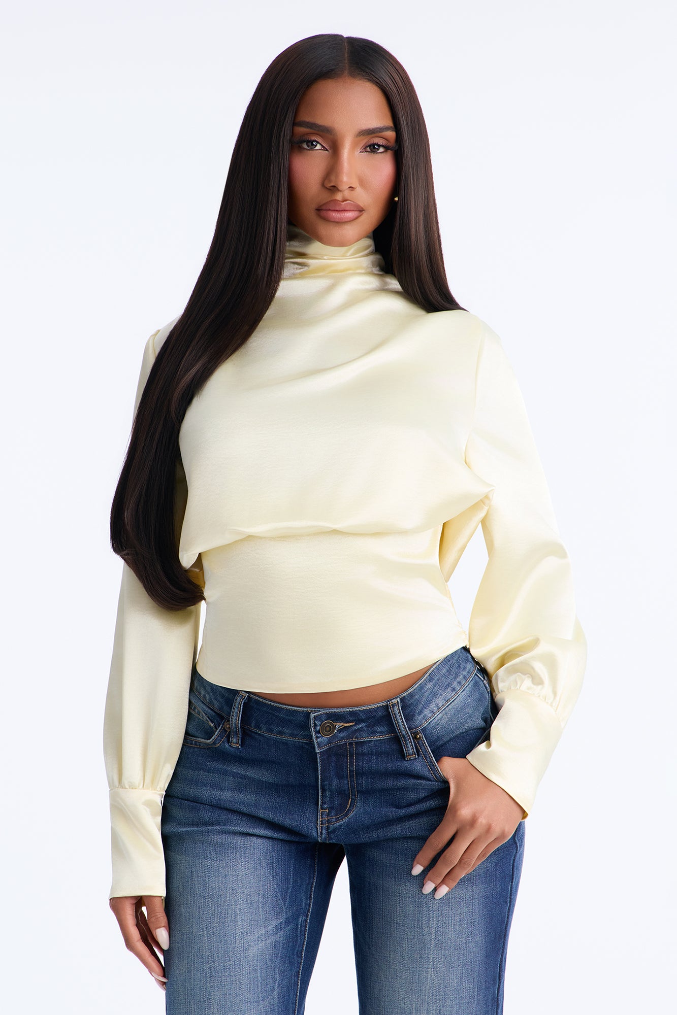 Cherie Satin Cowl Back Funnel Neck Blouse - Butter Yellow