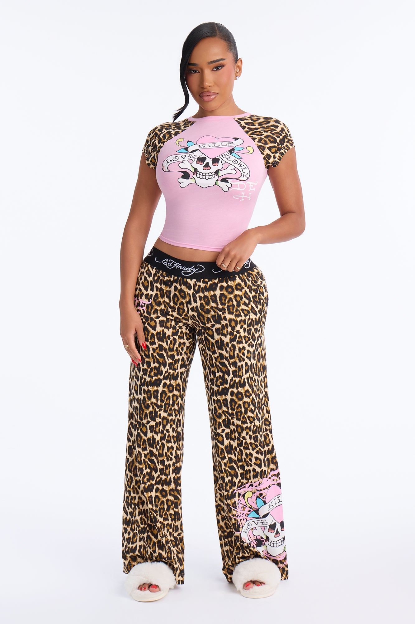 Ed Hardy Leopard Heart Skull PJ Pant Set - Pink/combo