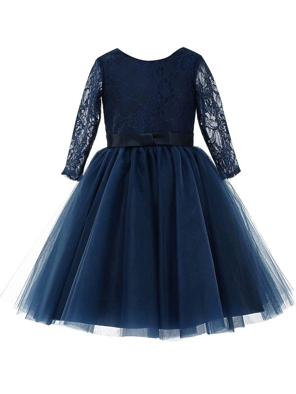 Exquisite A-Line Crew Neck Lace Tulle Long Sleeve Flower Girl Dresses with Sash