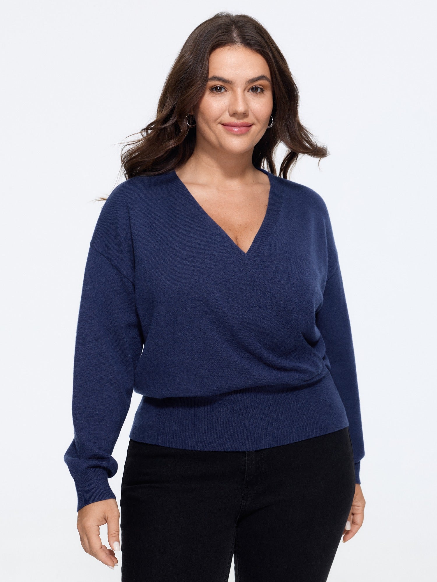 Wrap Neck Drop Shoulder Ribbed Hem Pullover