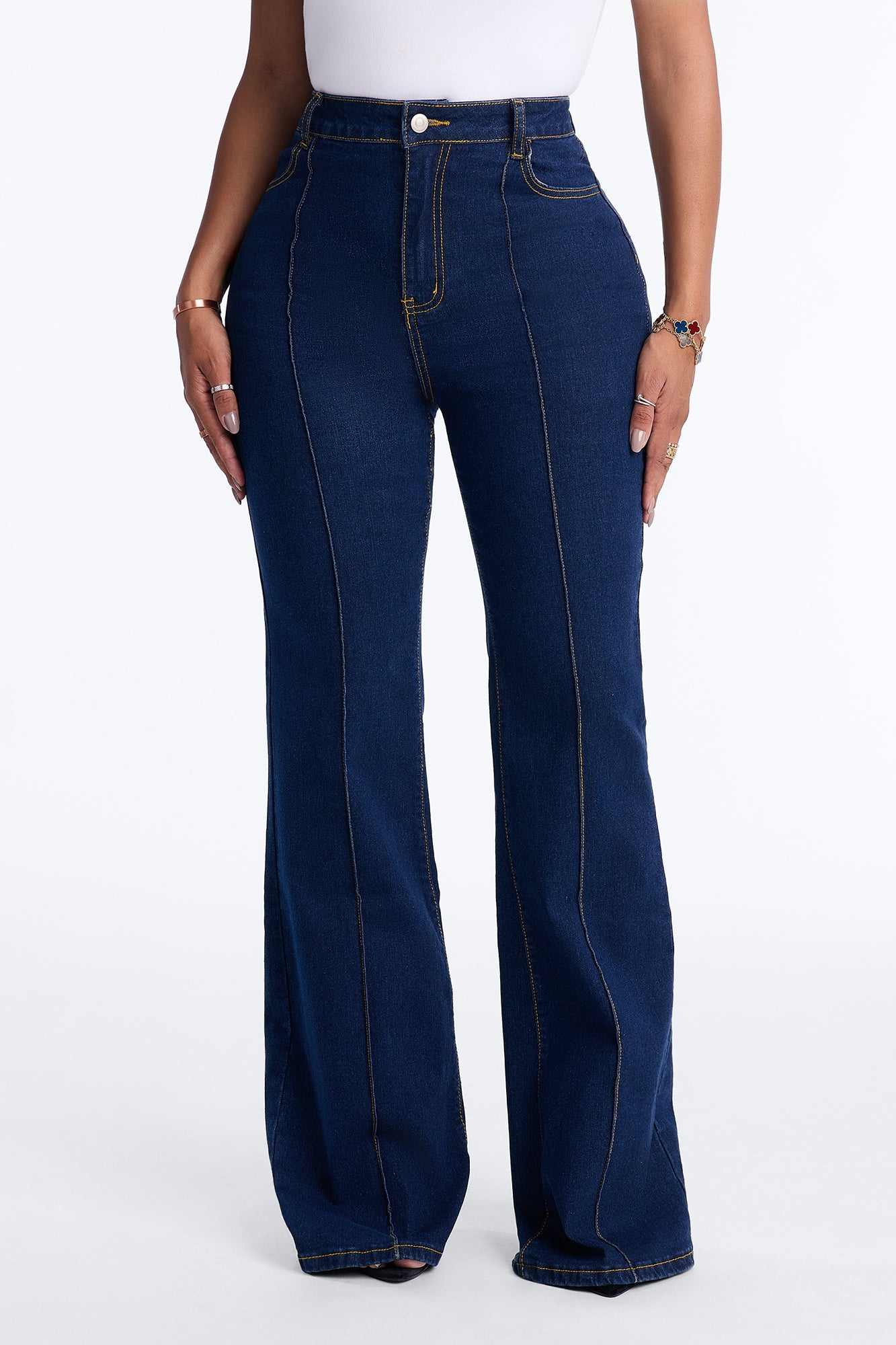 Drew High Rise Pintuck Stretch Flare Jeans - Dark Wash