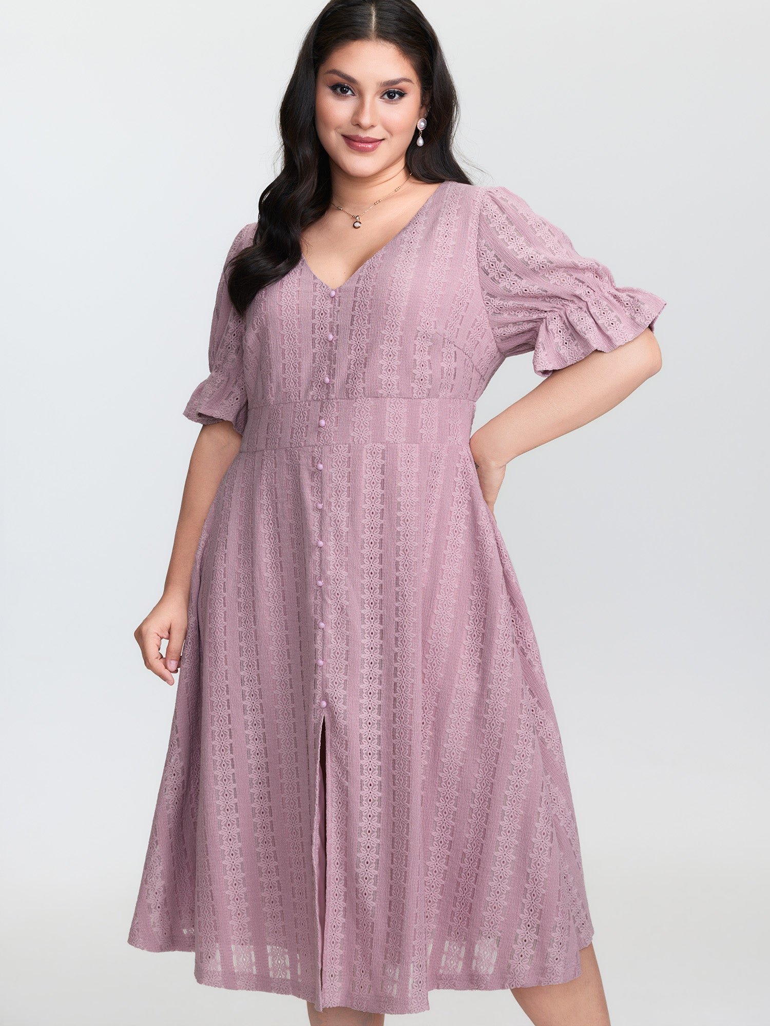 Textured Shirred Waist Cut-Out Midi Dress