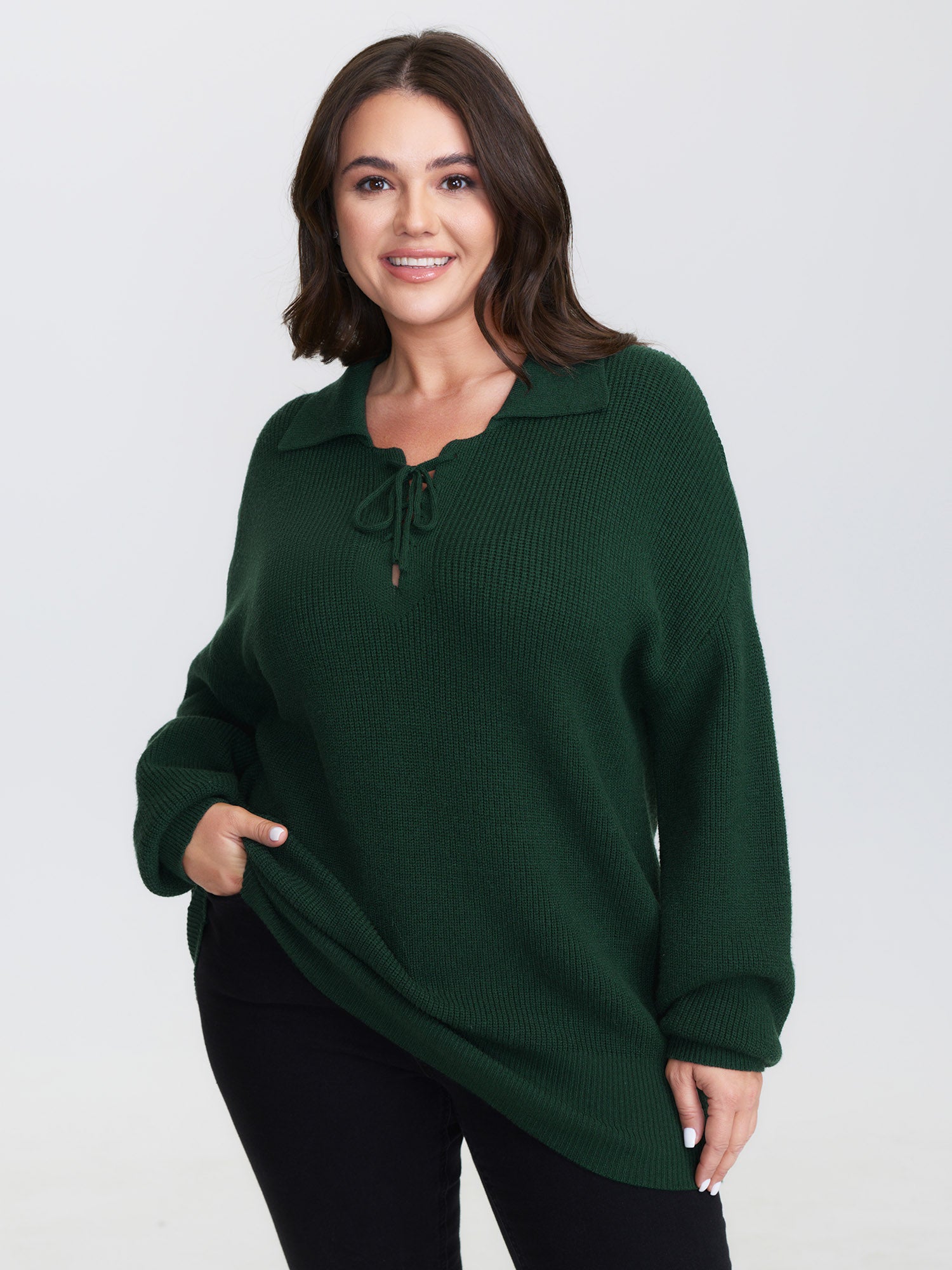 Textured Cross Neck-Tie Ribbed Hem Pullover