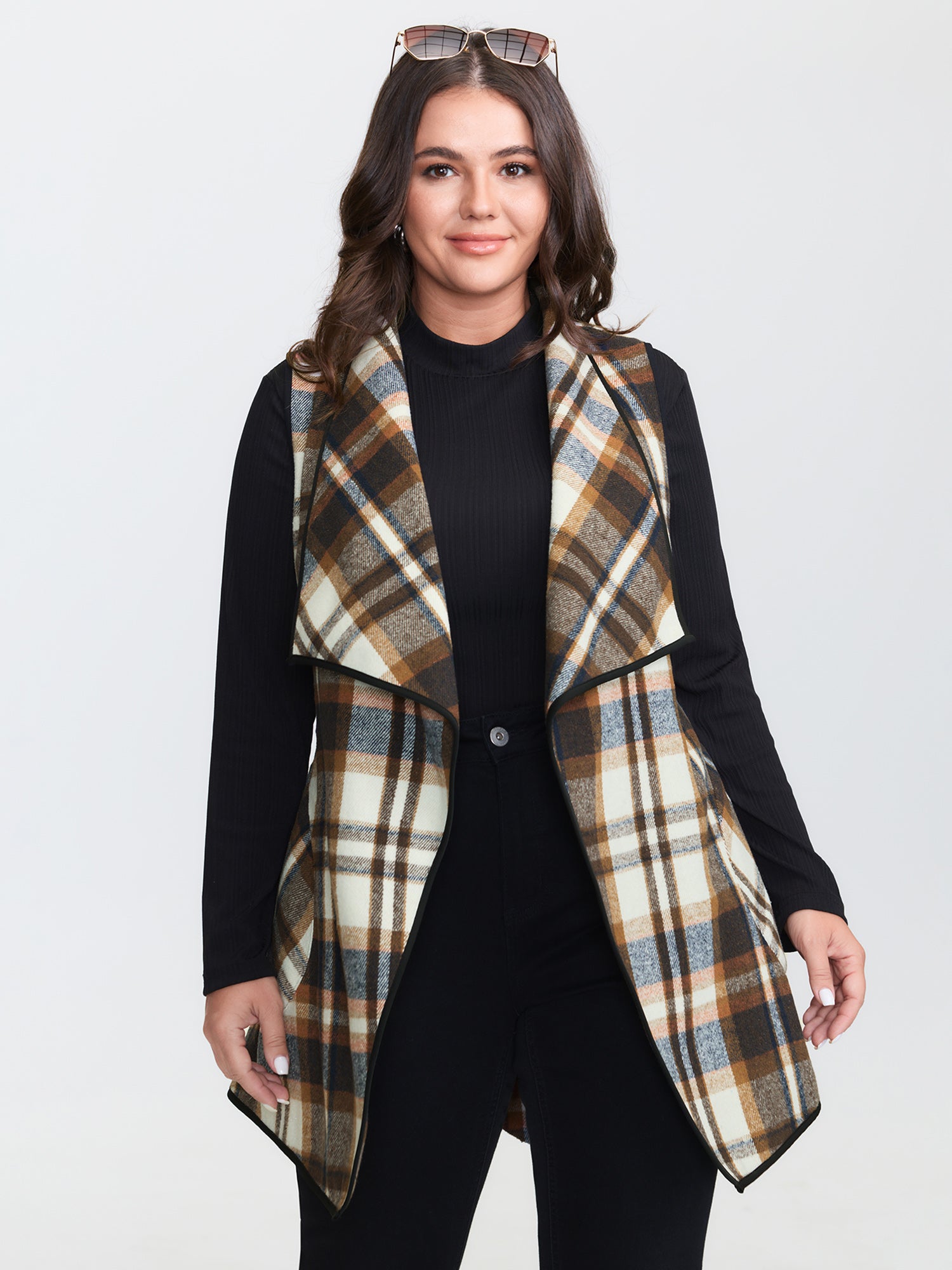 Grid Belted Notched Lapel Collar Vest