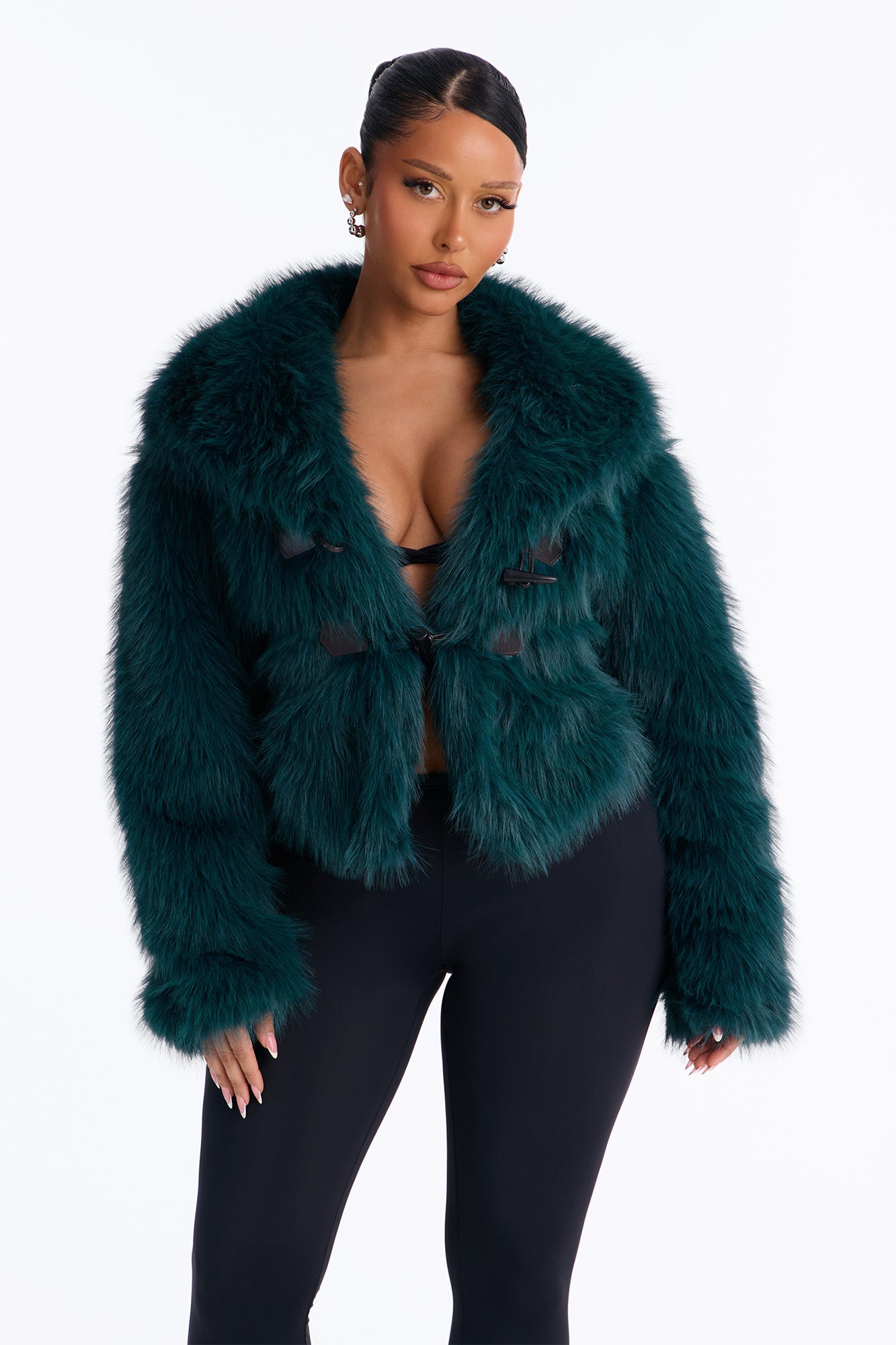 Lacy Faux Fur Long Sleeve Coat - Sage
