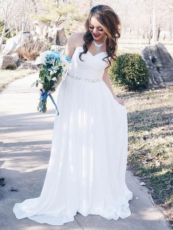Classic A-Line Sweetheart Strapless Chiffon Court Train Wedding Dresses with Beading