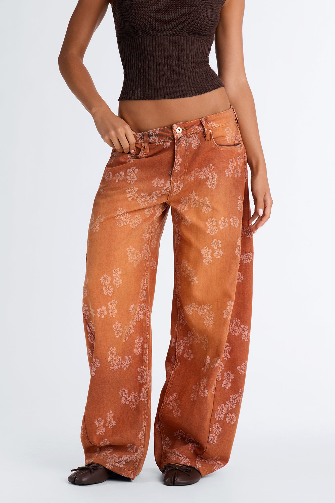 Antoinette Jacquard Pattern Baggy Jeans - Rust