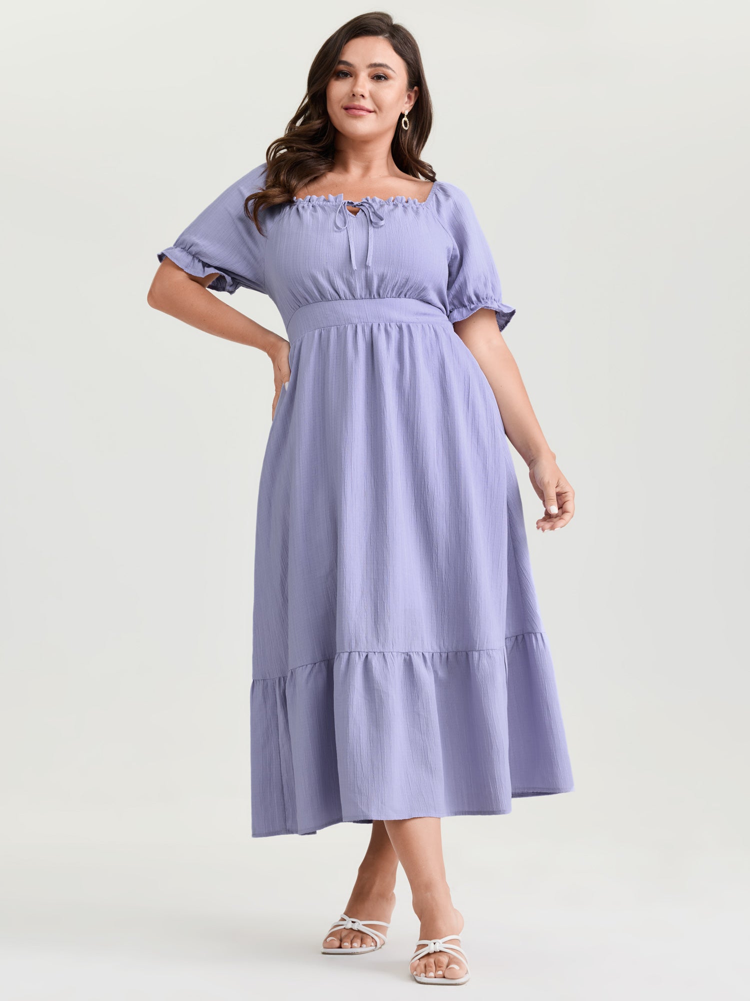 Textured Cinched-Waist Drawstring Flowy Maxi Dress