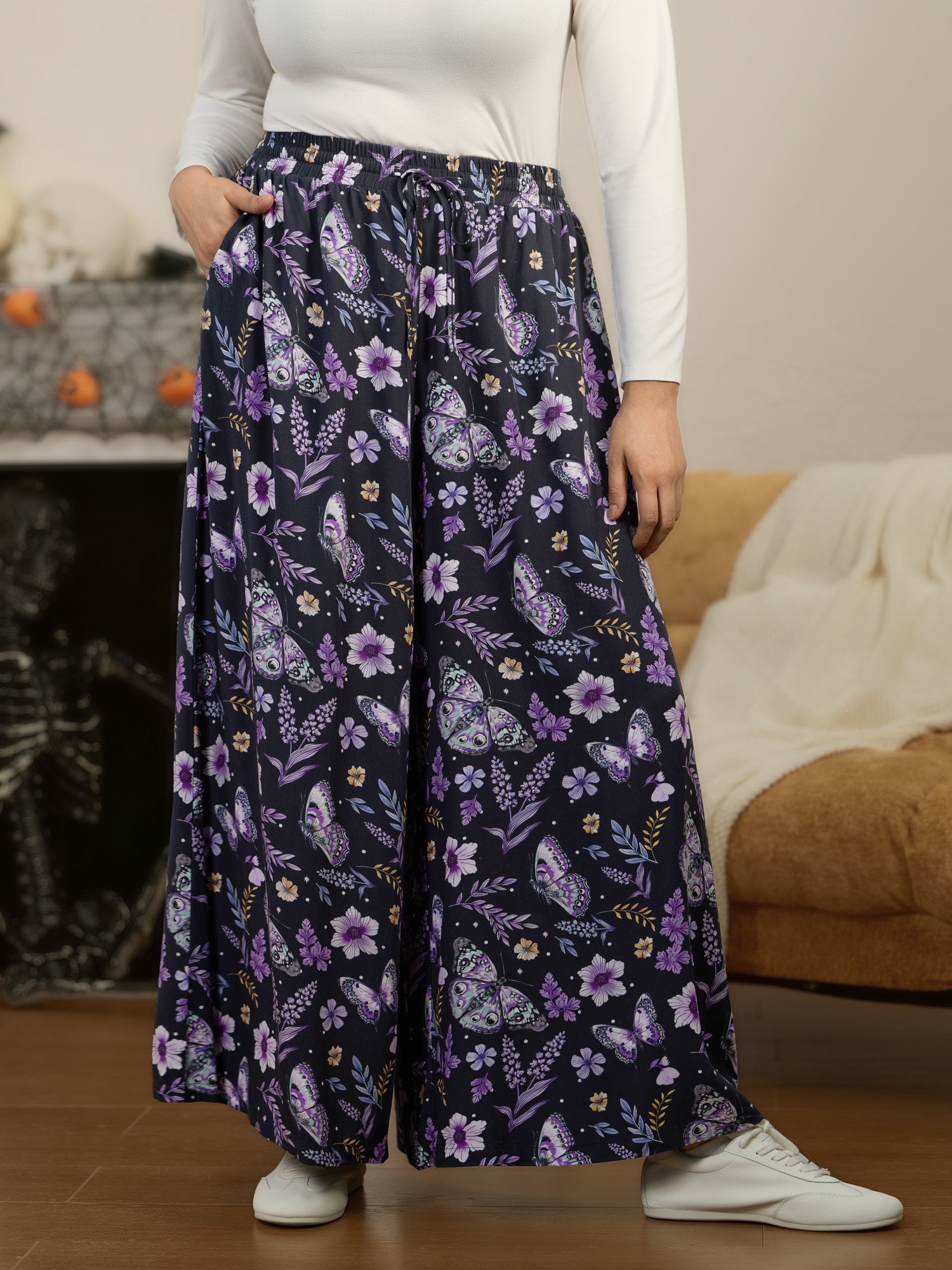 Butterfly Floral Print Drawstring Waist Wide Leg Pants
