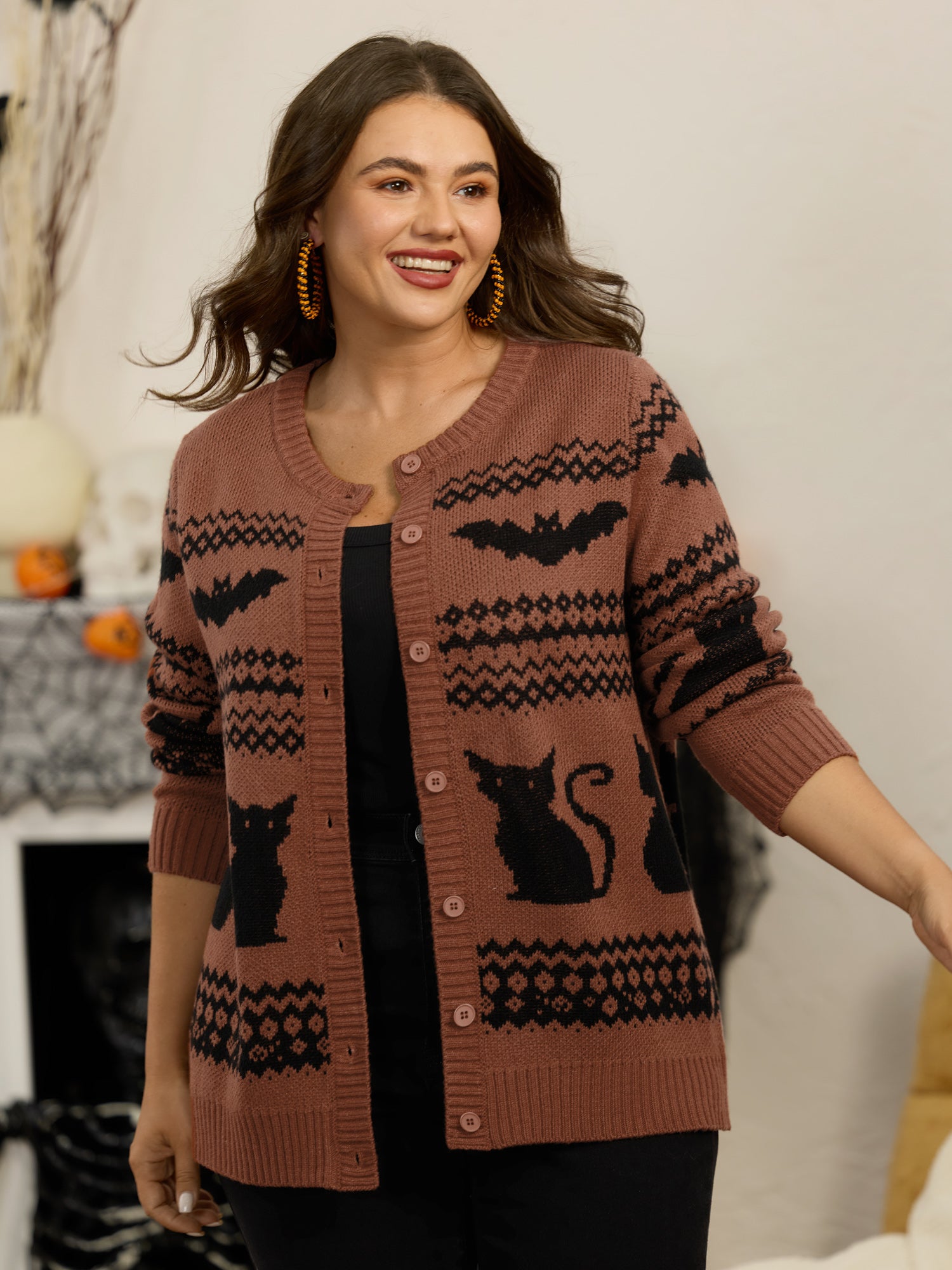 Cat Bat Geometric Jacquard Button Front Cardigan