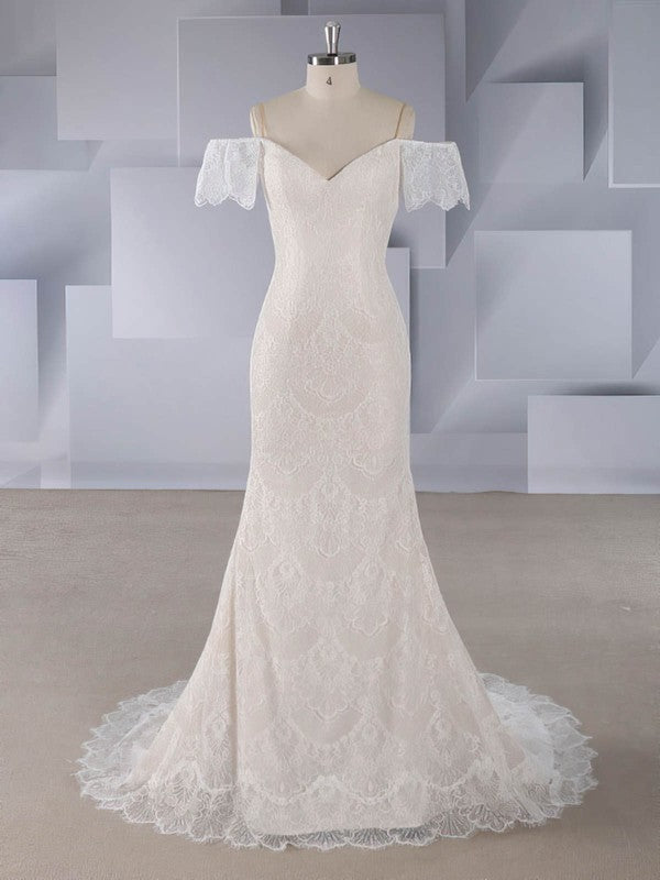 Elegant Off-The-Shoulder Lace V-Neck Mermaid Sweep Train Wedding Dresses