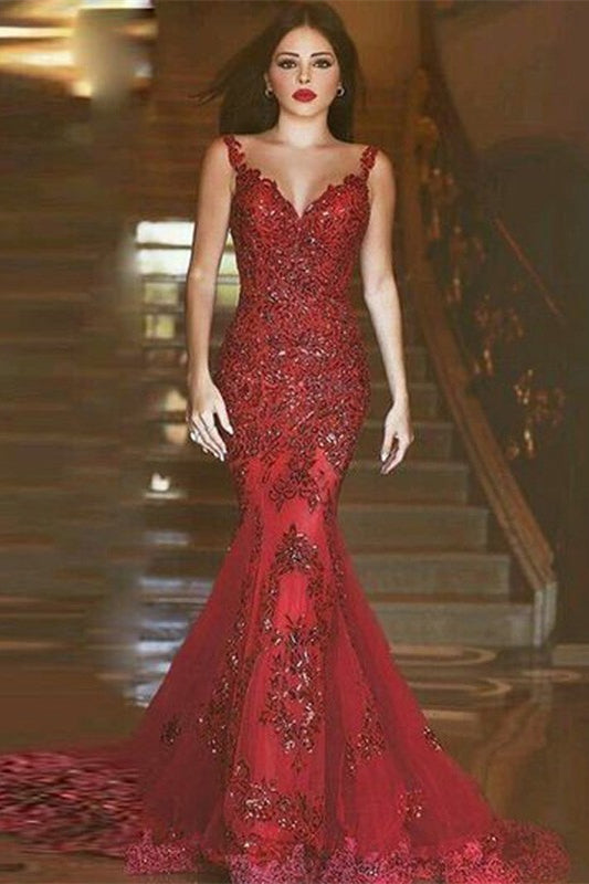 Burgundy Mermaid Lace Appliques Evening Dress