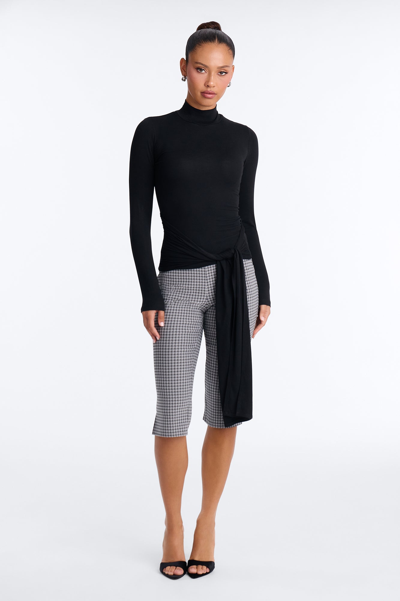 Elara Tie Waist Mock Neck Long Sleeve Top - Black