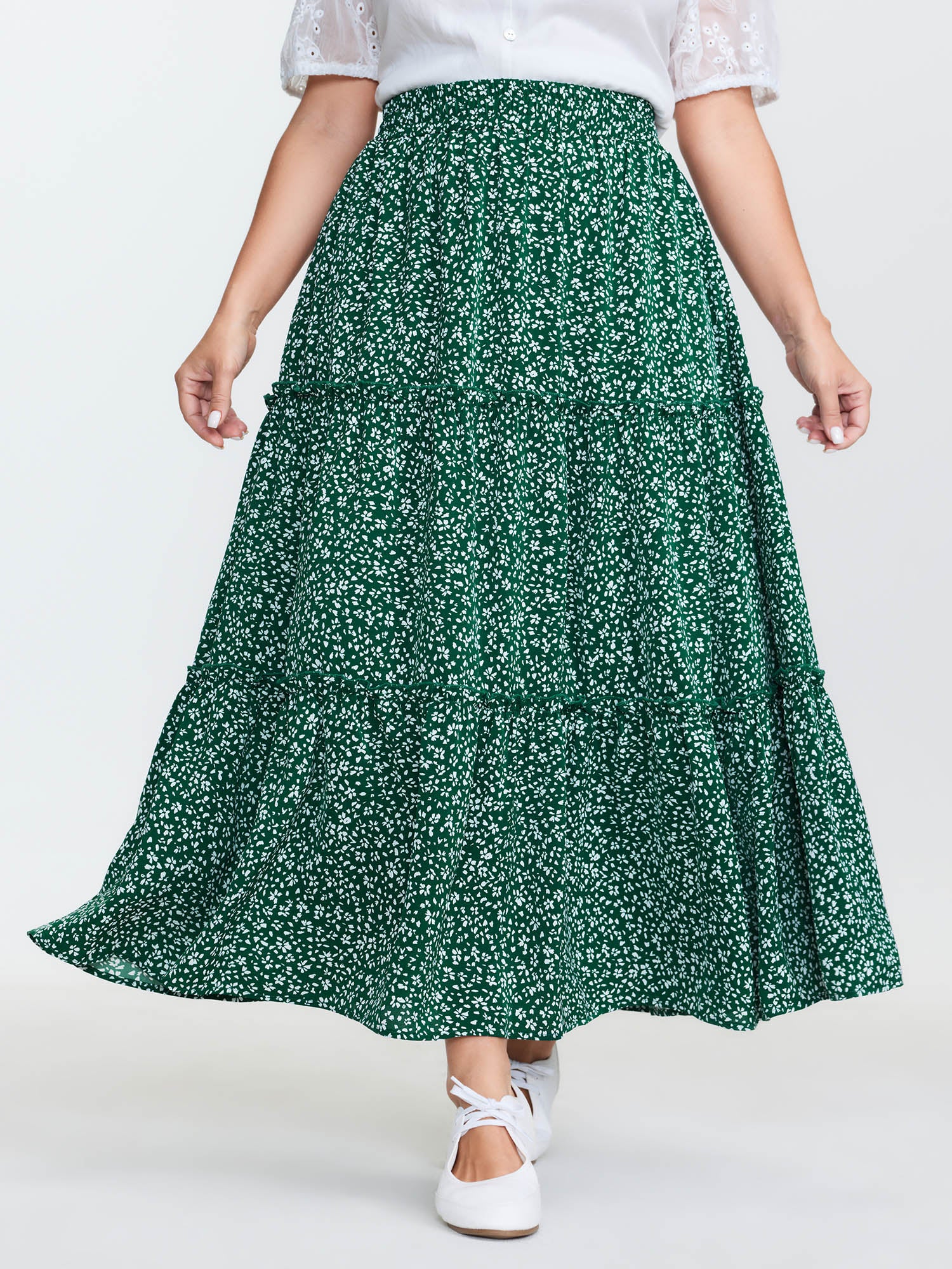 Floral Print Pockets Tiered Maxi Skirt