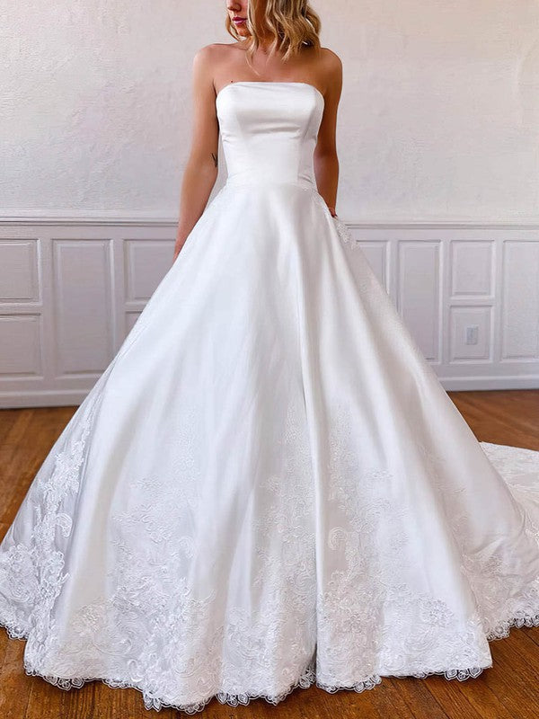 Charming Strapless Satin Cathedral Train Ball Gown Wedding Dresses with Pockets