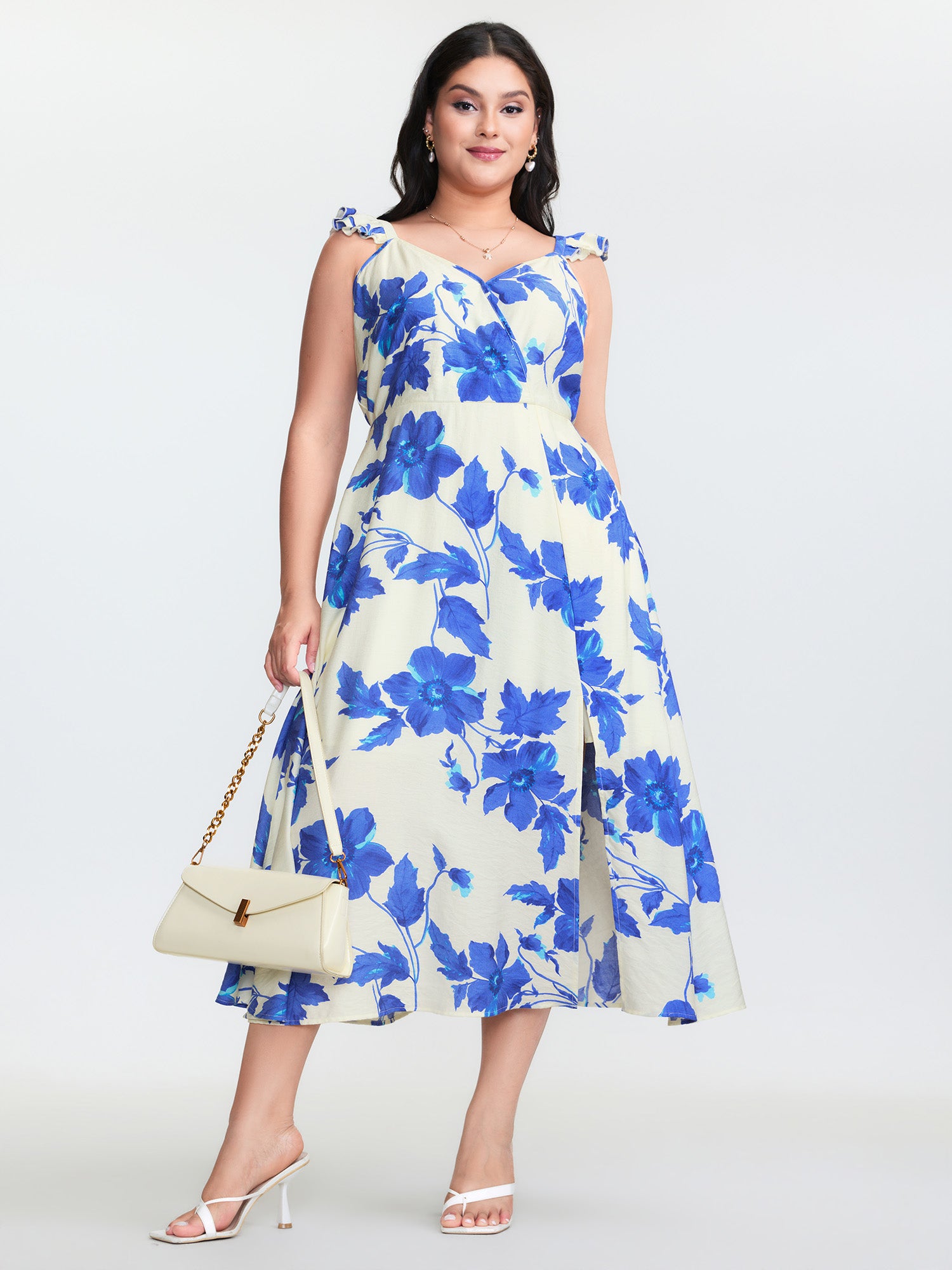 Floral Print Flutter Sleeve Cinched-Waist Midi Dress