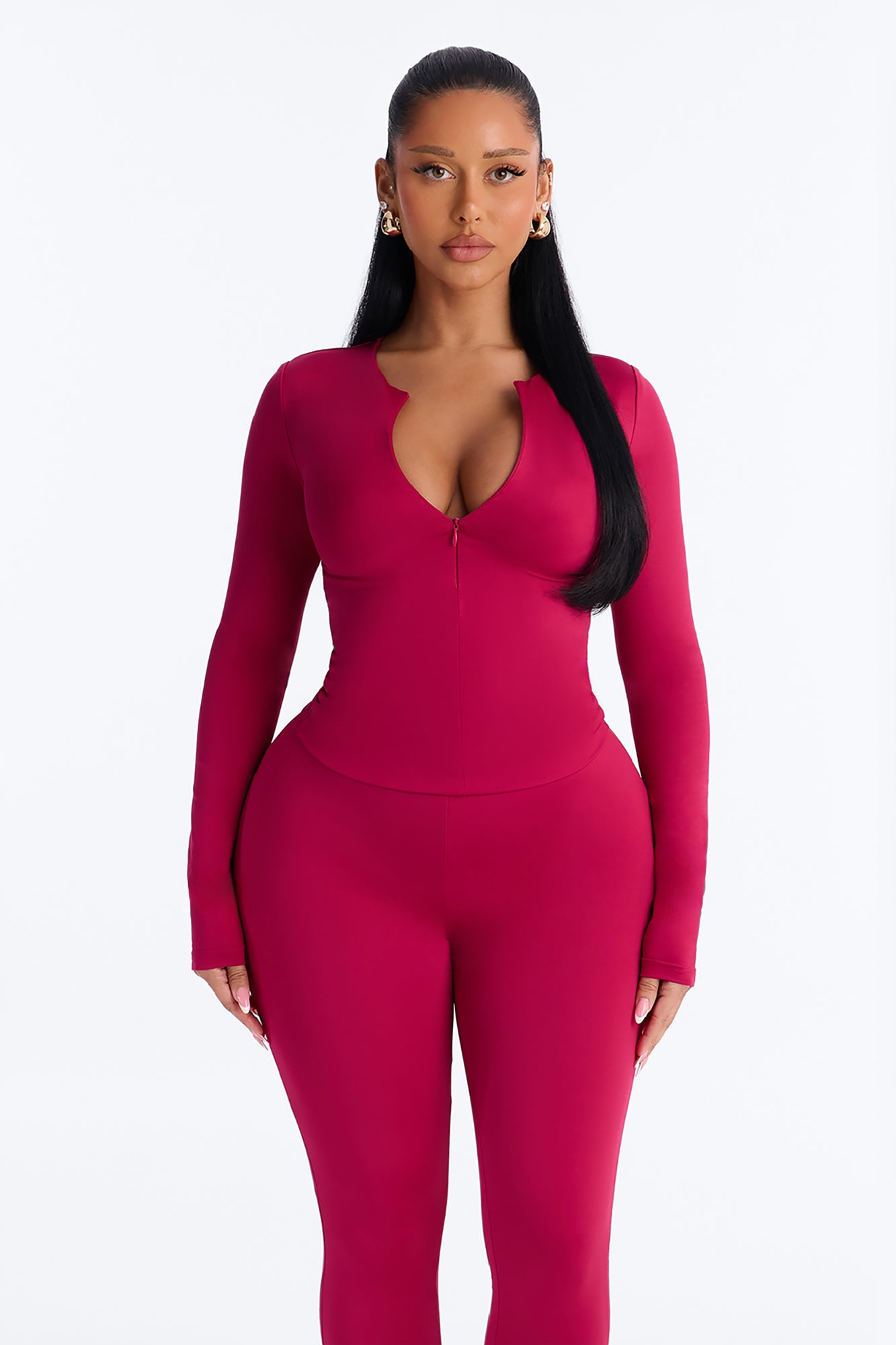 Contour Double Lined Zip Up Long Sleeve Top - Raspberry