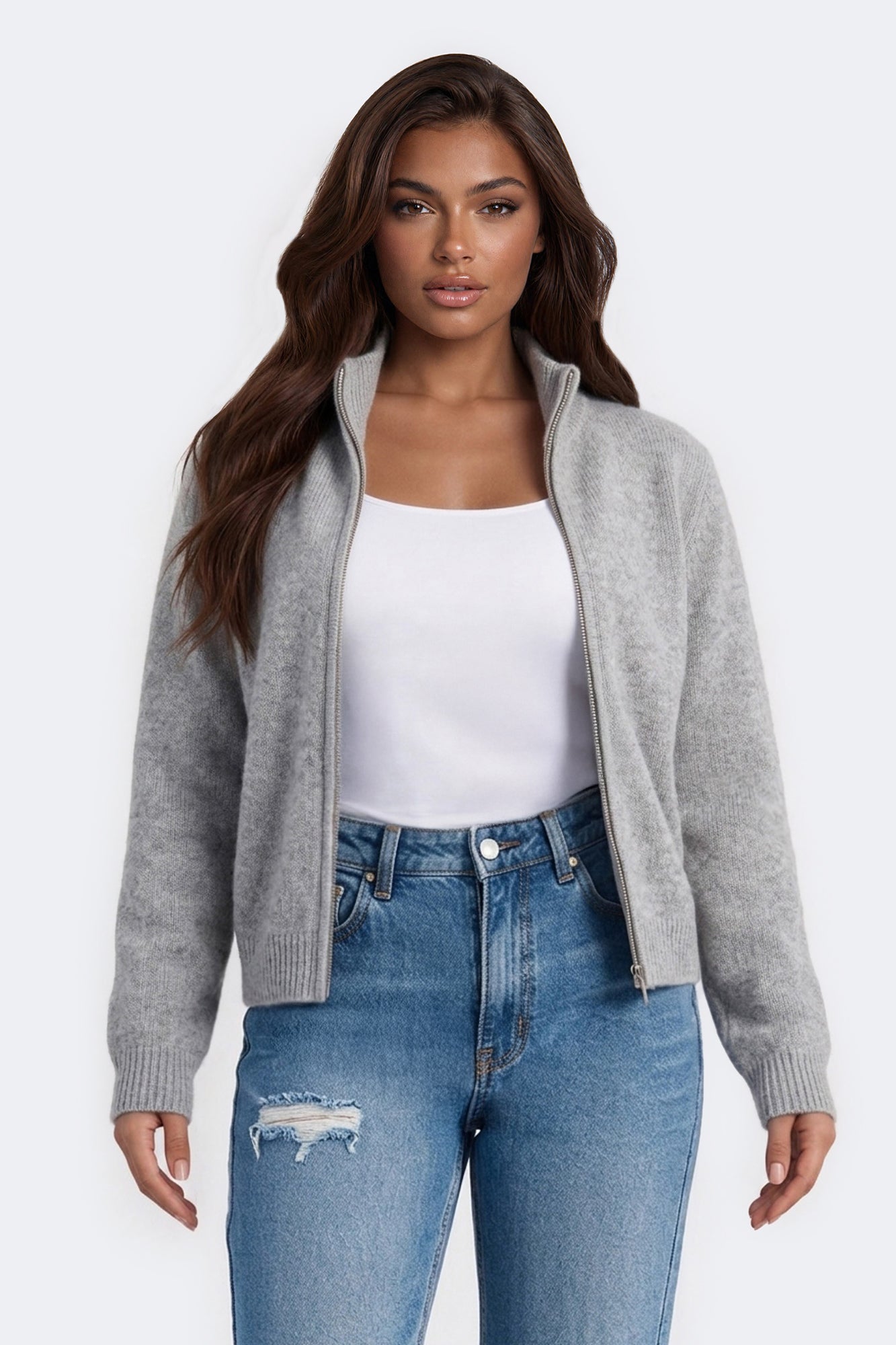 Early Mornings Mock Neck Zip Up Sweater - Heather Grey