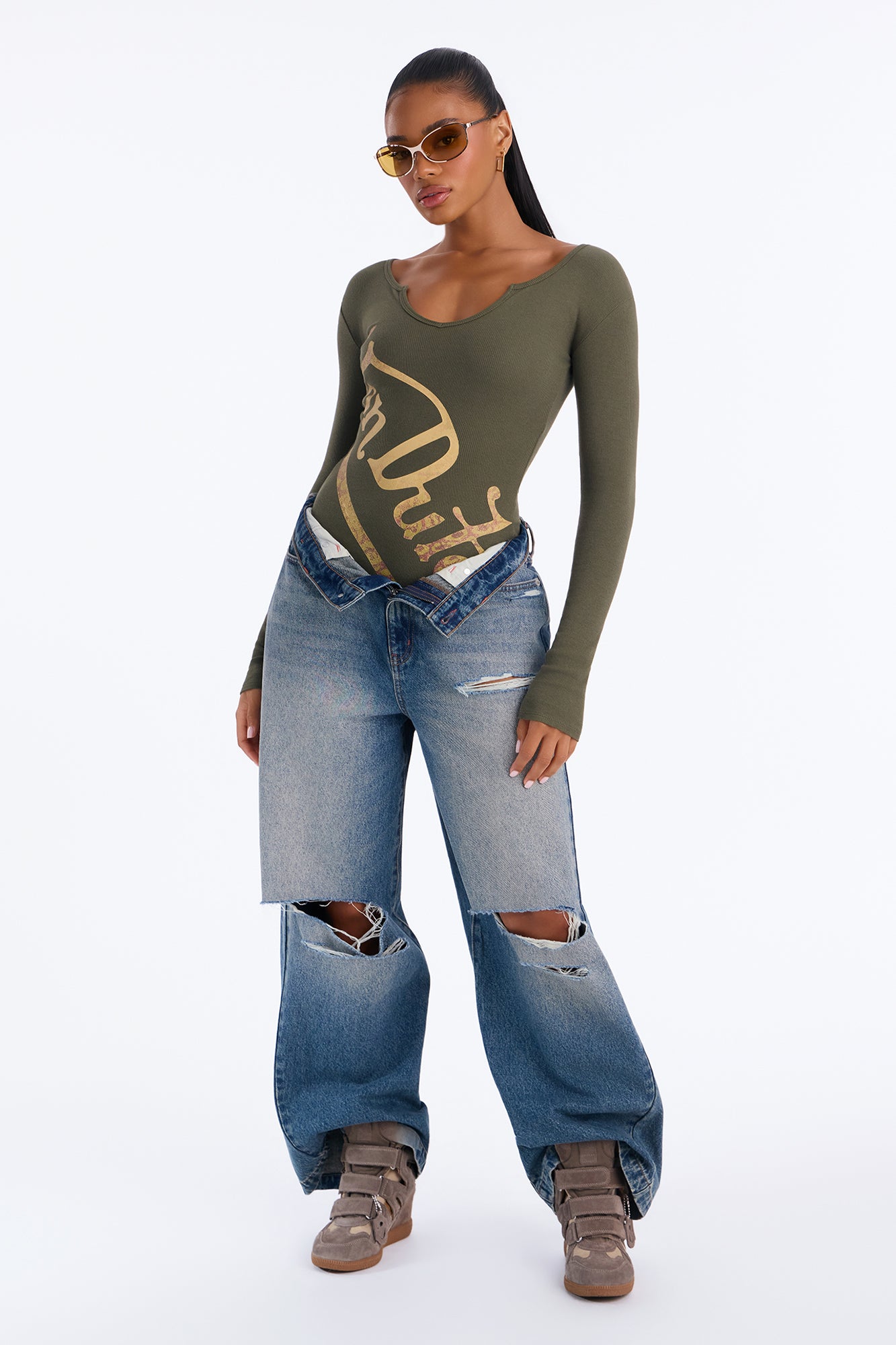 Von Dutch Olive Night Metallic Logo Bodysuit - Olive