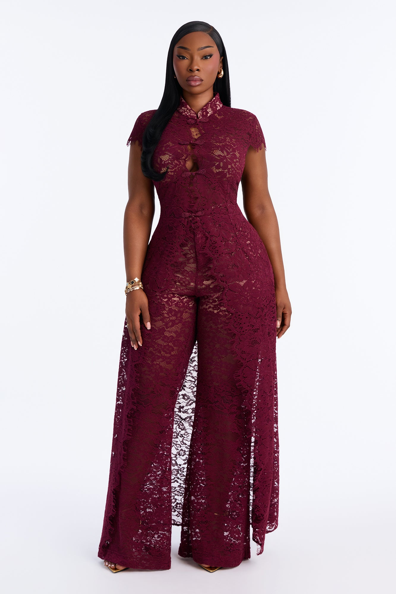 Alora Lace 3 Piece Pant Set - Burgundy