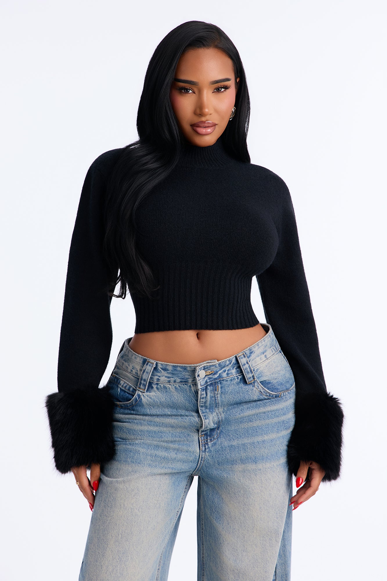 Randi Cropped Fur Cuff Pullover Sweater - Black