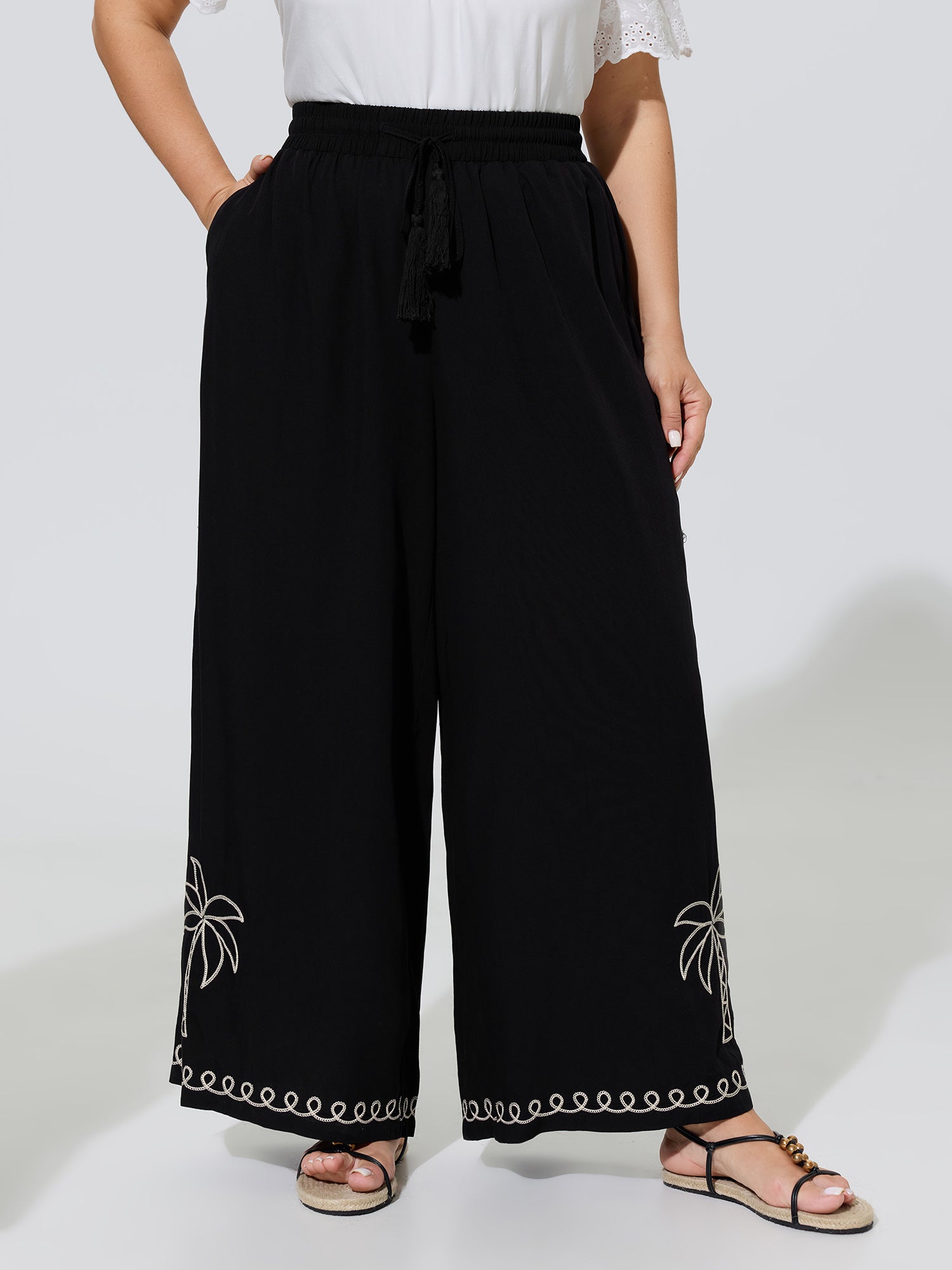 Palm Embroidery Tassel Drawstring Wide Leg Pants