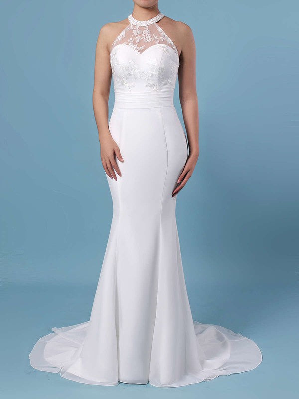 Stunning Trumpet Sleeveless Chiffon Lace Sweep Train Wedding Dresses