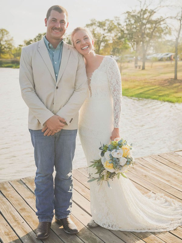 Elegant Sheath V-Neck Long Sleeves Lace Sweep Train Wedding Dresses