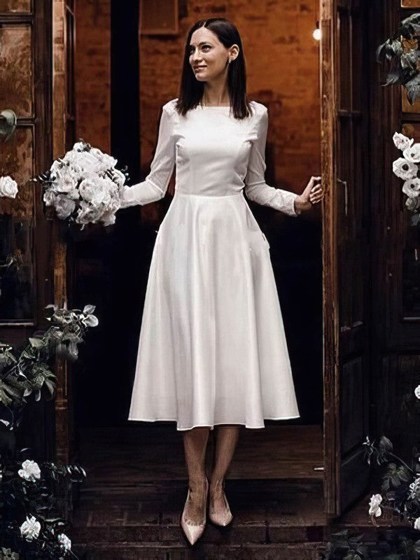 Stunning A-Line Long Sleeves Satin Tea-Length Wedding Dresses