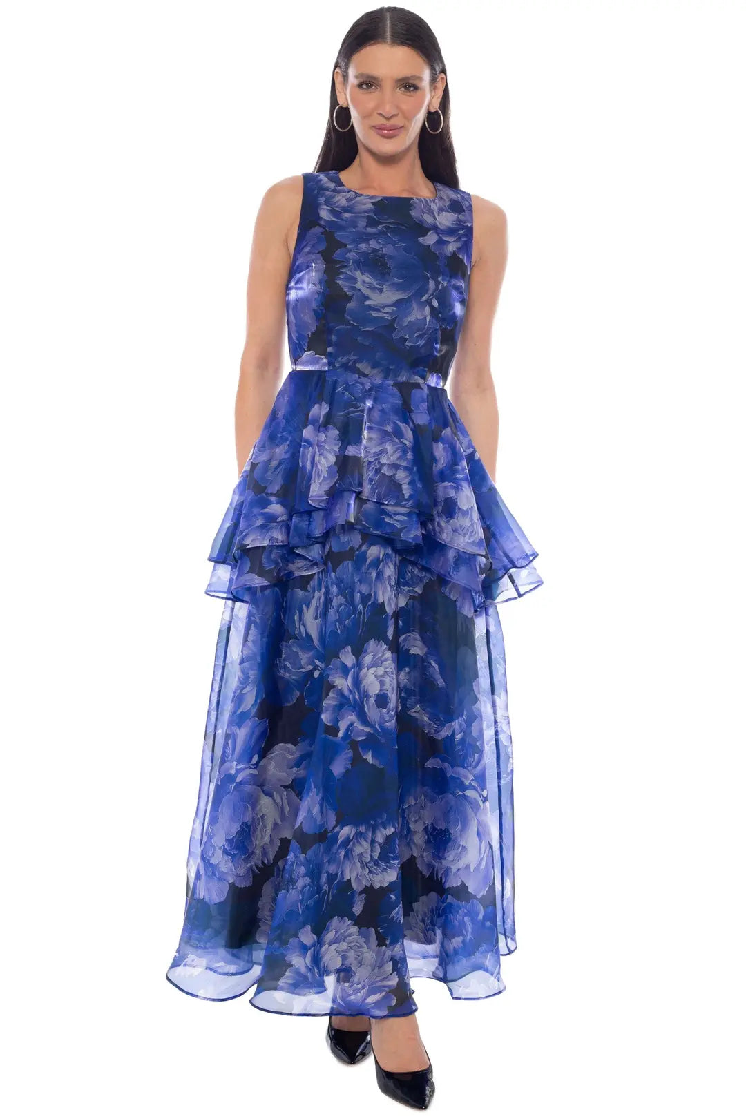 Allover Satin Print Organza Gown with Ruffle Skirt