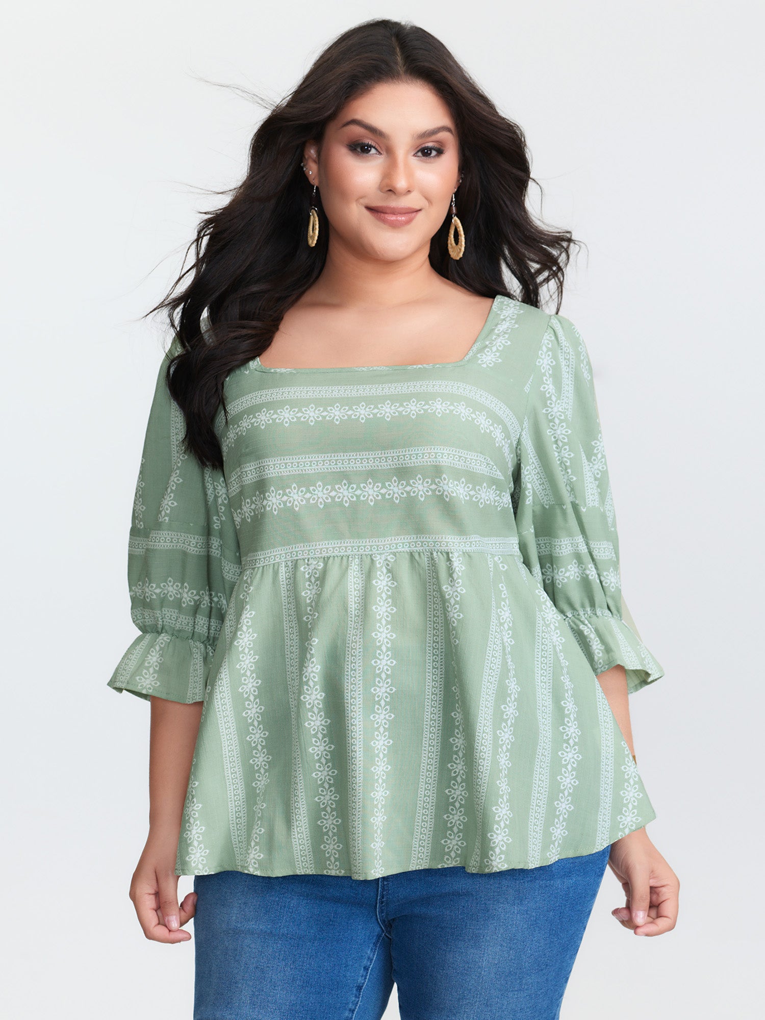 Boho Stripe Print Square Neck Blouse