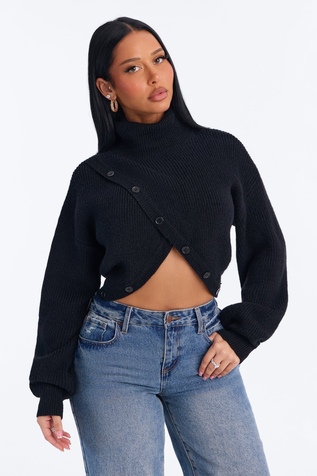 Autumn Bliss Cropped Button Up Pullover Sweater - Black