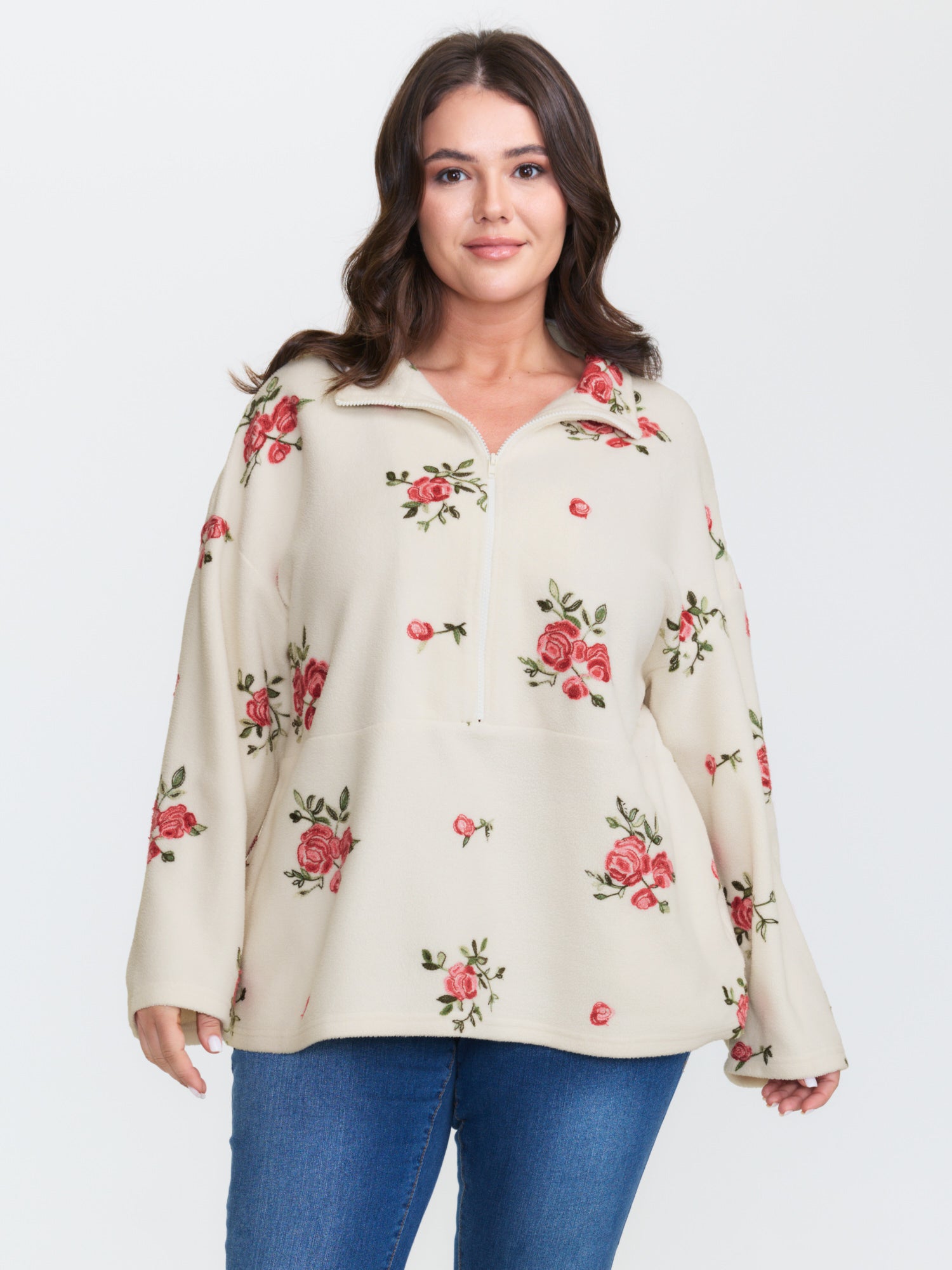 Fleece Floral Embroidered Zipper Sweatshirt