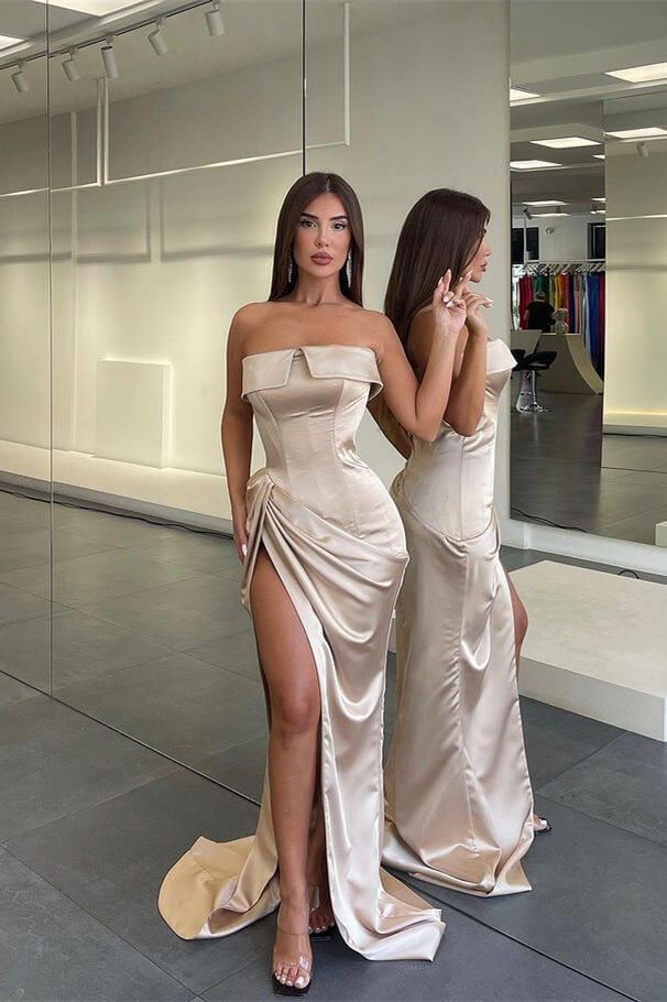 Stylish Strapless Mermaid Split Champagne Evening Dress With Pleated