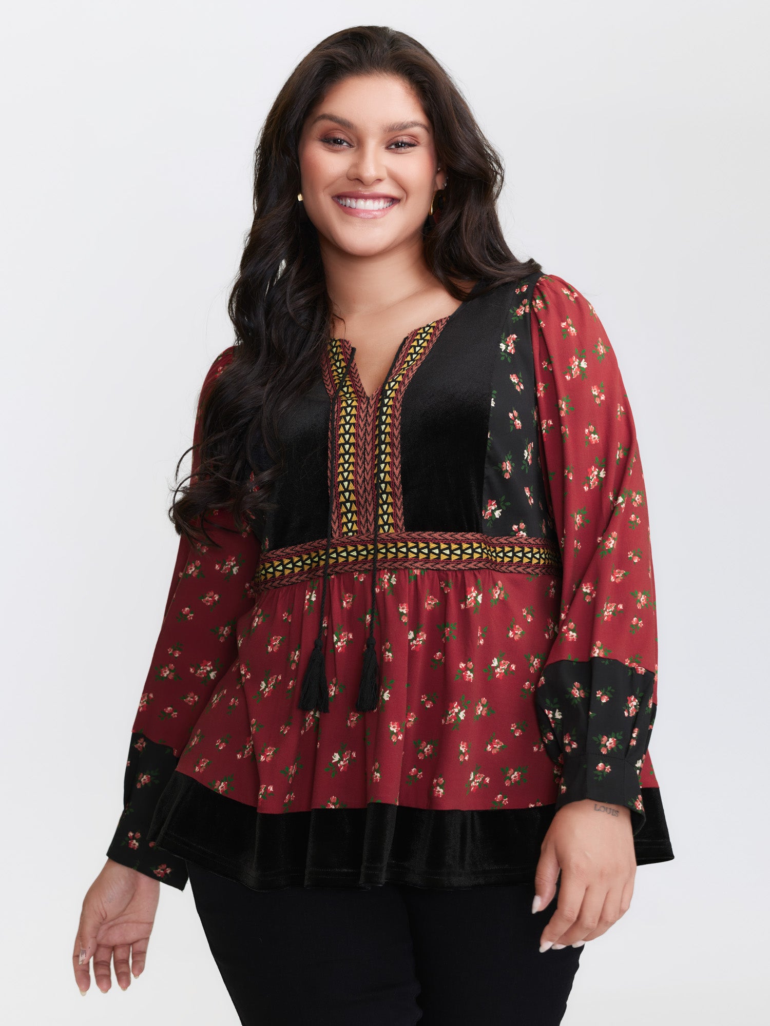 Floral Print Color Contrast Tie Blouse