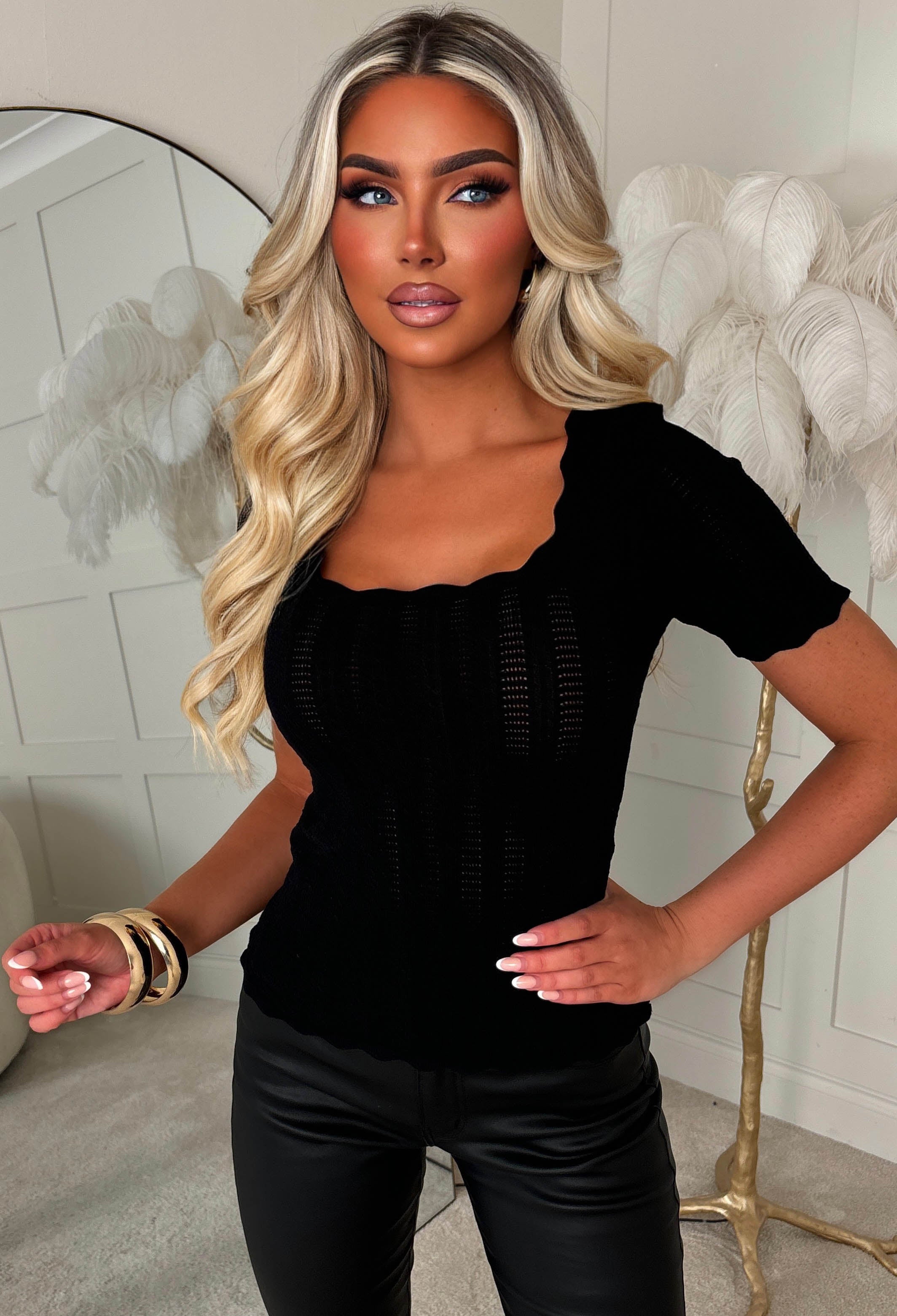 Kaz Black Pointelle Square Neck Short Sleeve Knit Top