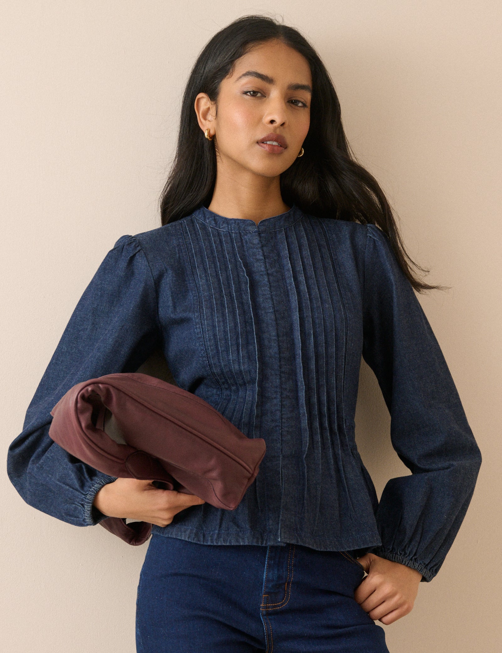Dark Wash Pintuck Denim Blouse